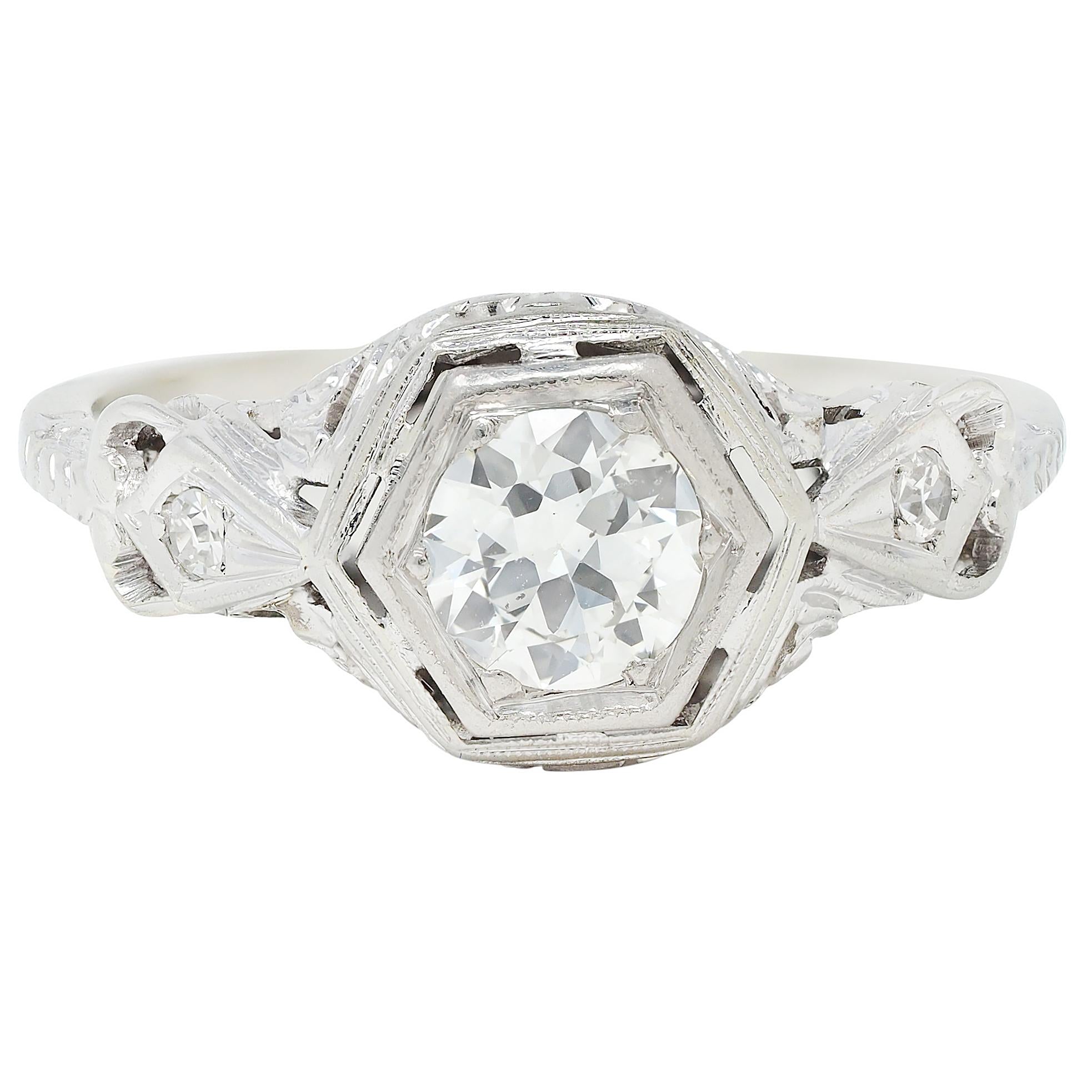 Art Deco Old European Cut Diamond 14 Karat White Gold Vintage Engagement Ring