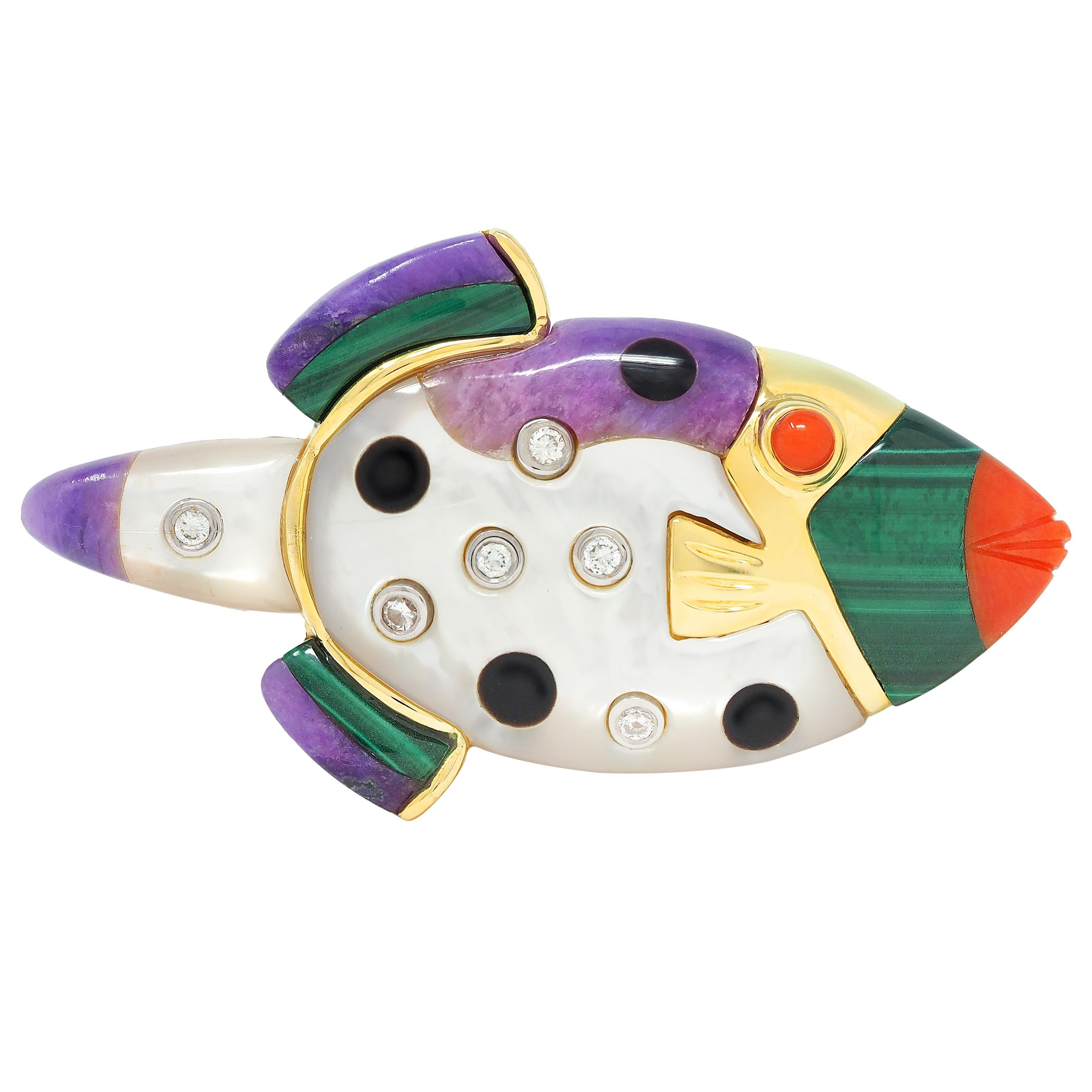 Asch Grossbardt 1980's Diamond Multi-Gem 14K Gold Vintage Inlay Fish Brooch