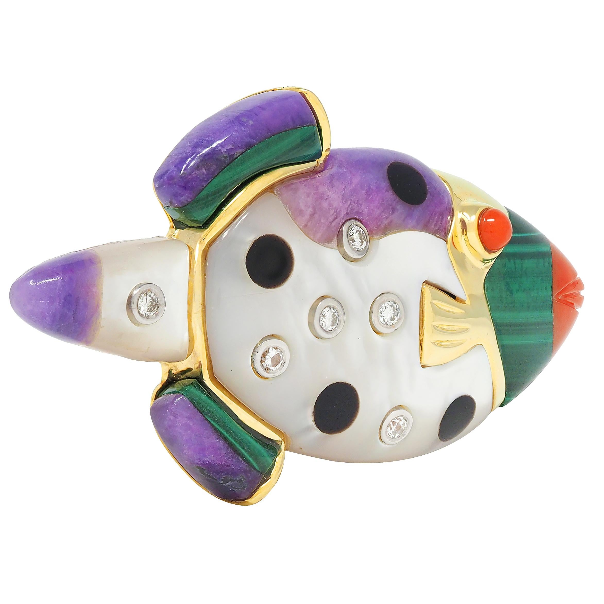 Asch Grossbardt 1980's Diamond Multi-Gem 14K Gold Vintage Inlay Fish Brooch