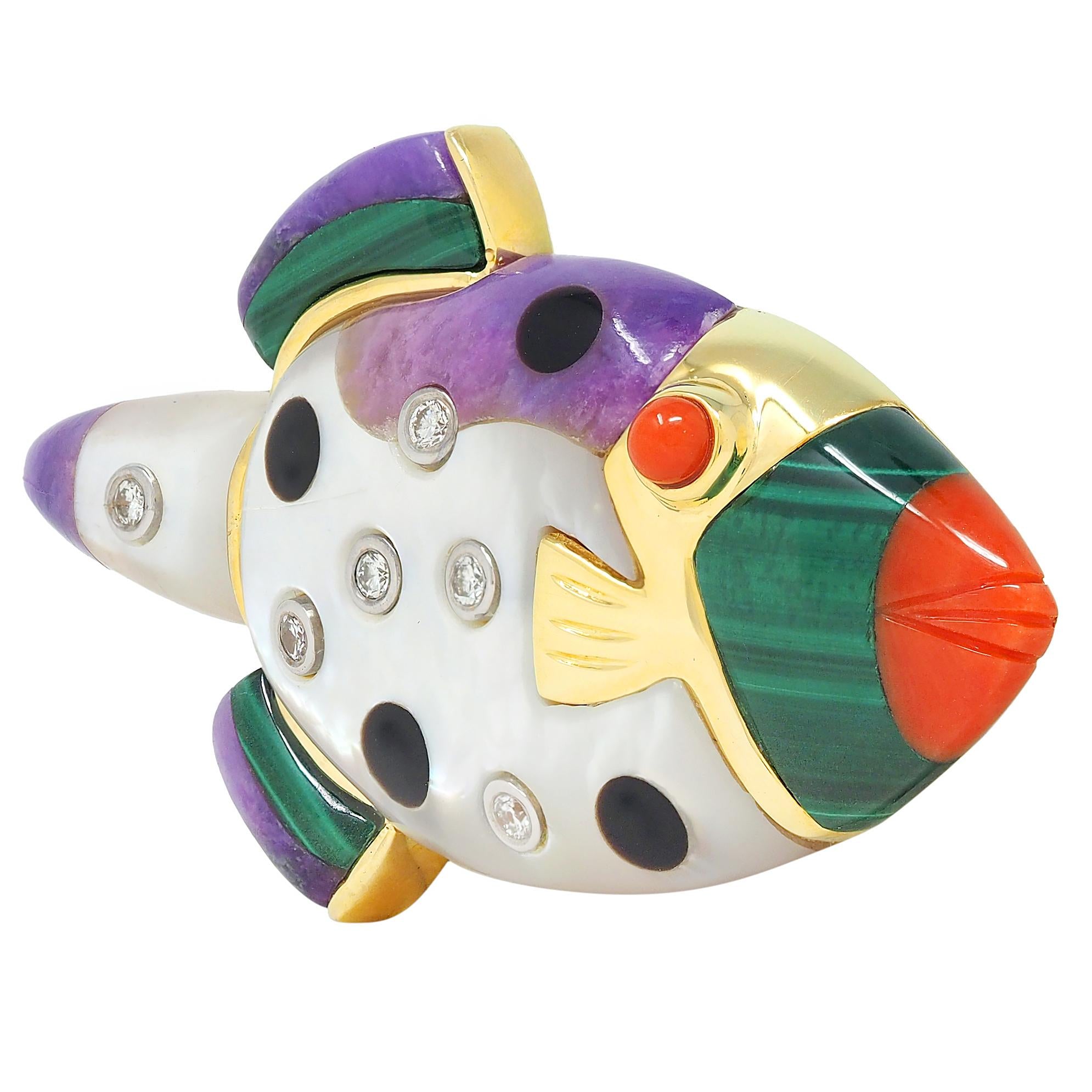 Asch Grossbardt 1980's Diamond Multi-Gem 14K Gold Vintage Inlay Fish Brooch