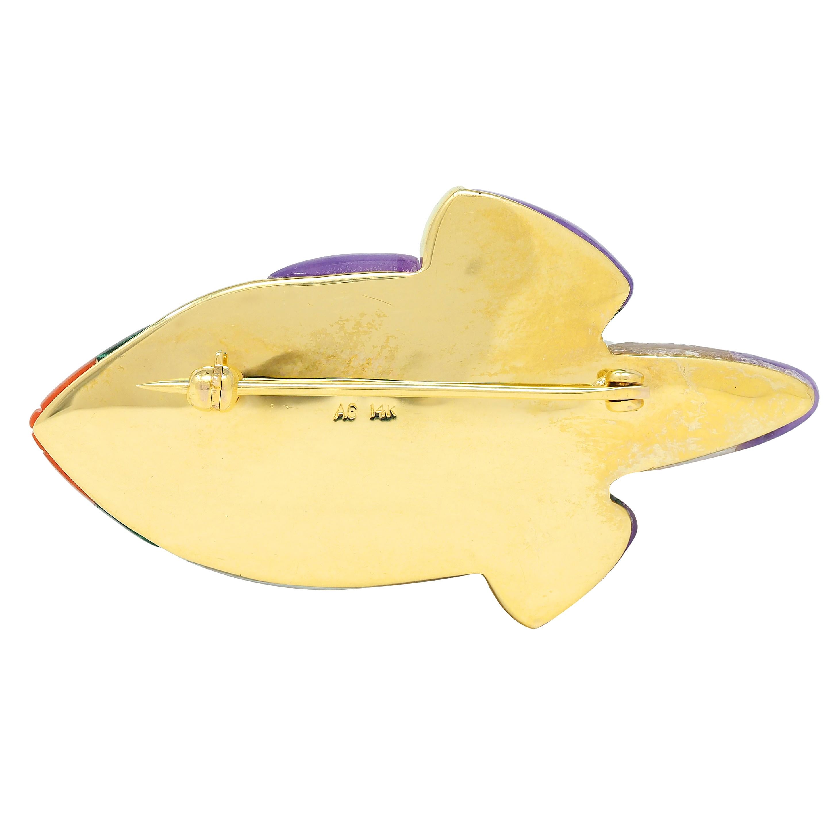 Asch Grossbardt 1980's Diamond Multi-Gem 14K Gold Vintage Inlay Fish Brooch