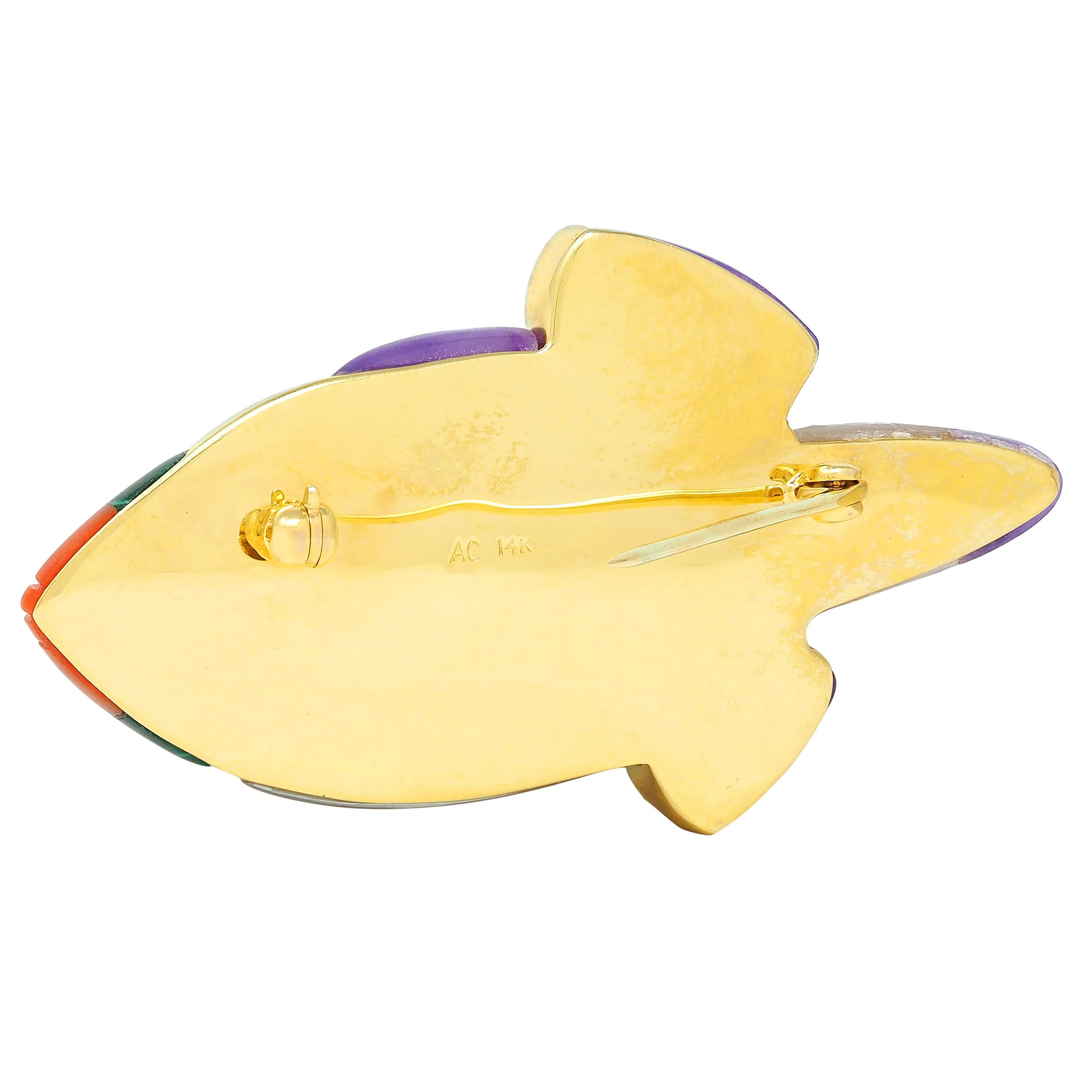 Asch Grossbardt 1980's Diamond Multi-Gem 14K Gold Vintage Inlay Fish Brooch