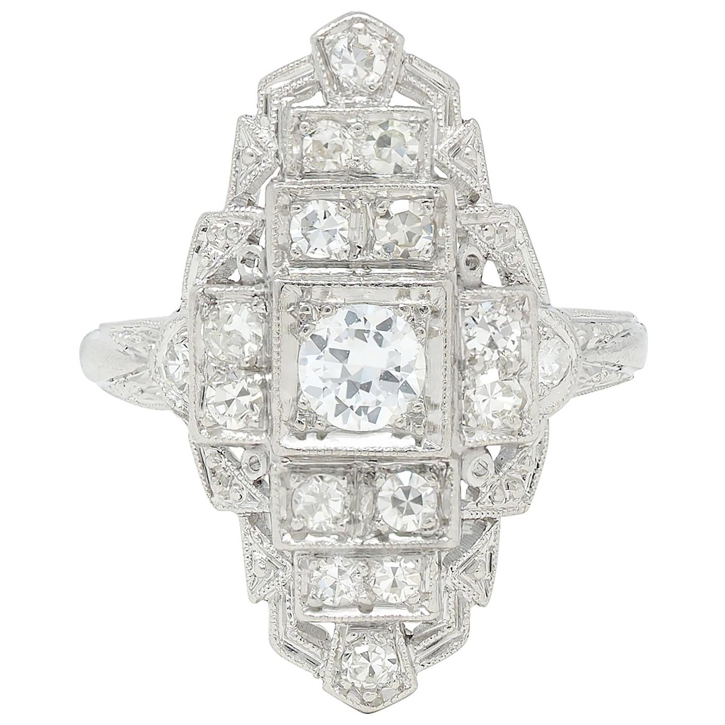 Art Deco 0.70 CTW Diamond Platinum Vintage Stepped Navette Dinner Ring