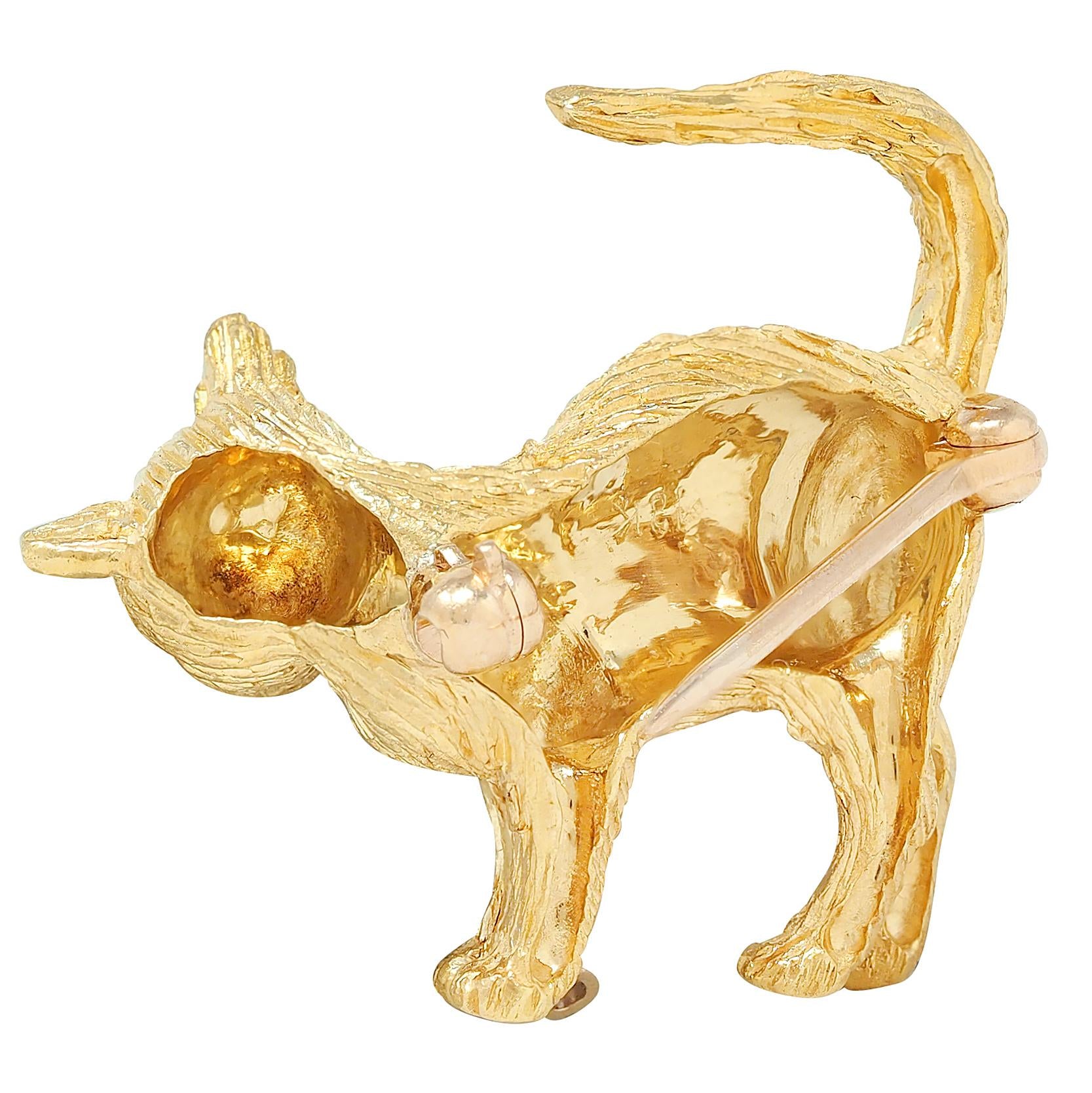 1960's Diamond 18 Karat Two-Tone Yellow White Gold Vintage Cat Brooch
