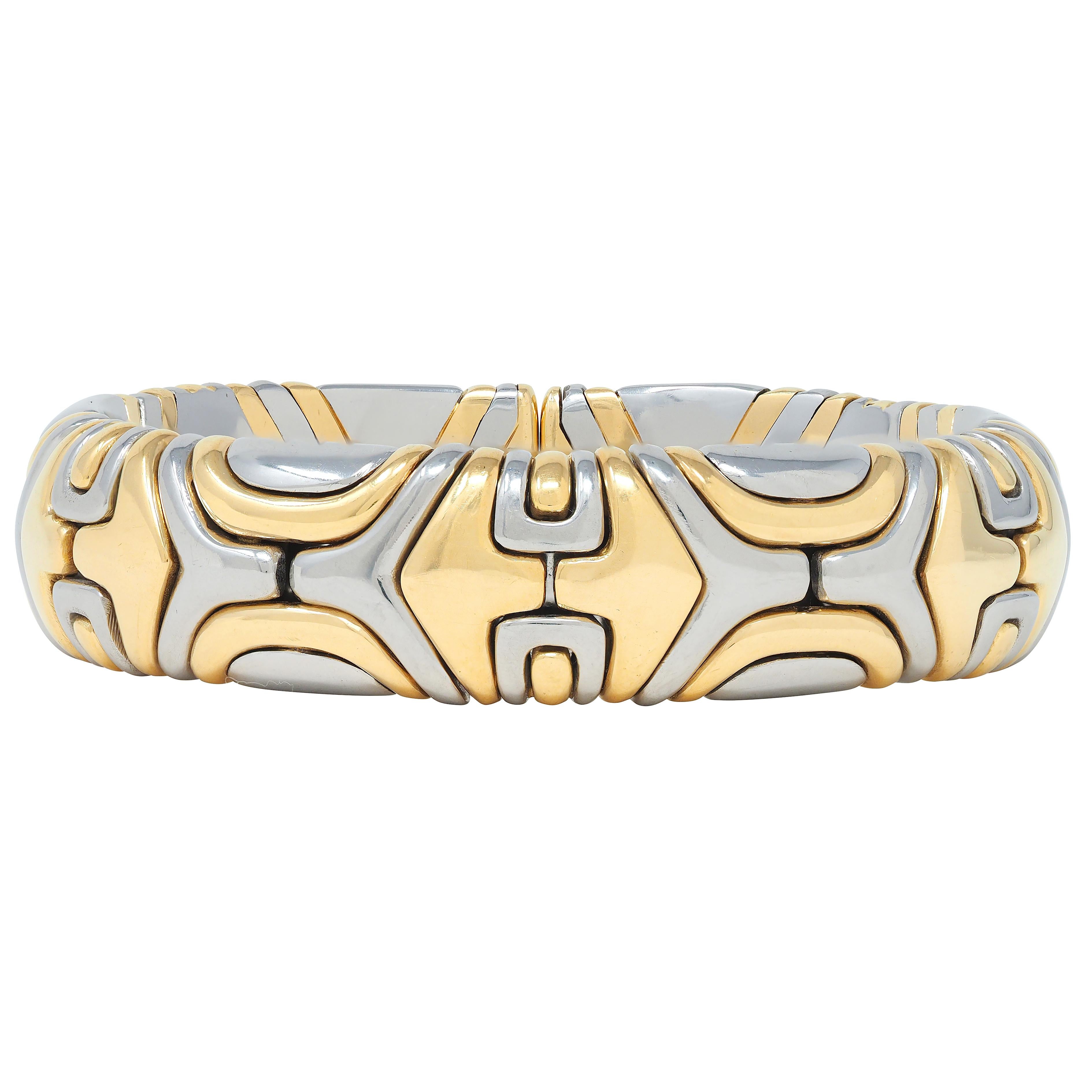 Bulgari 1988 18 Karat Gold Stainless Steel Alveare Vintage Cuff Bracelet