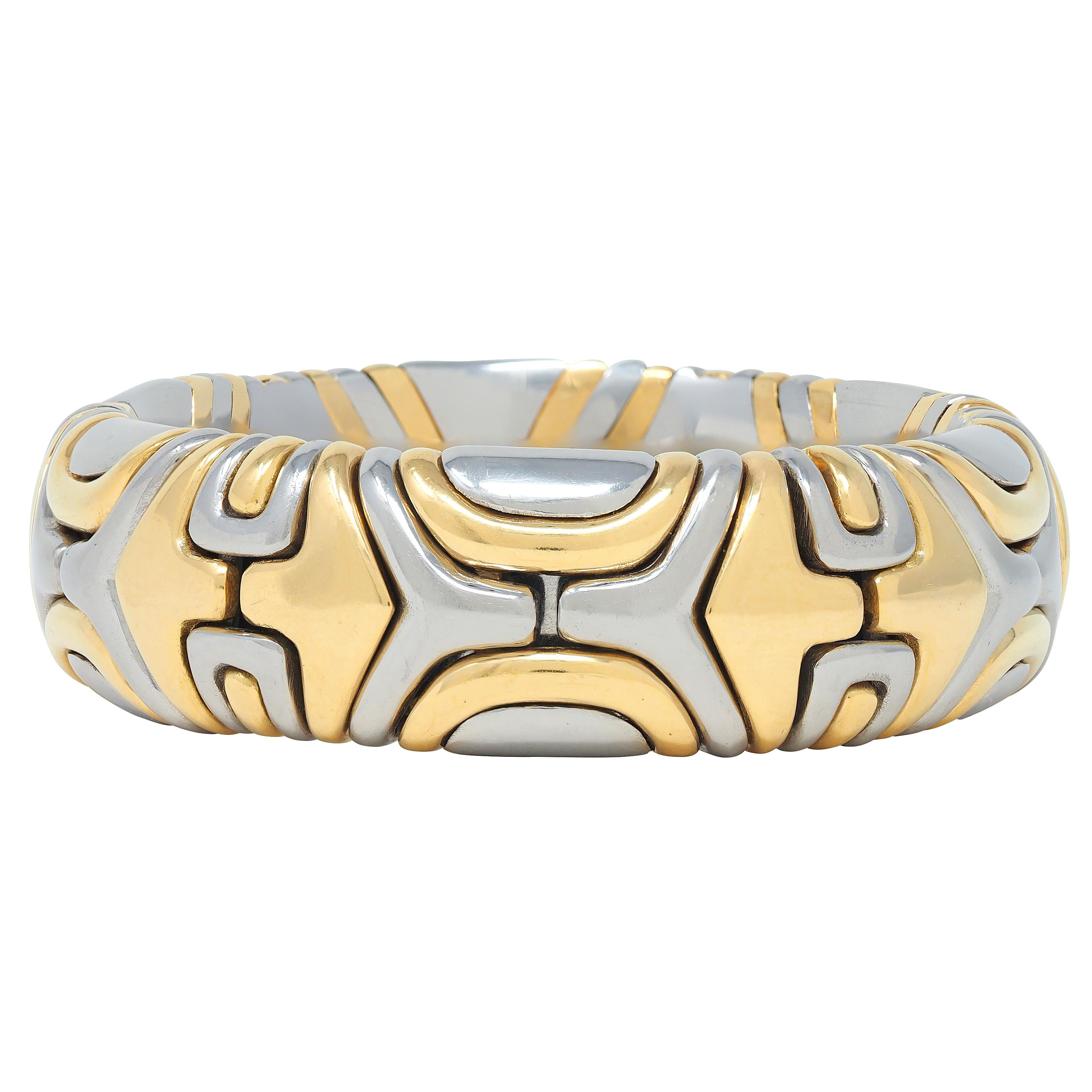 Bulgari 1988 18 Karat Gold Stainless Steel Alveare Vintage Cuff Bracelet