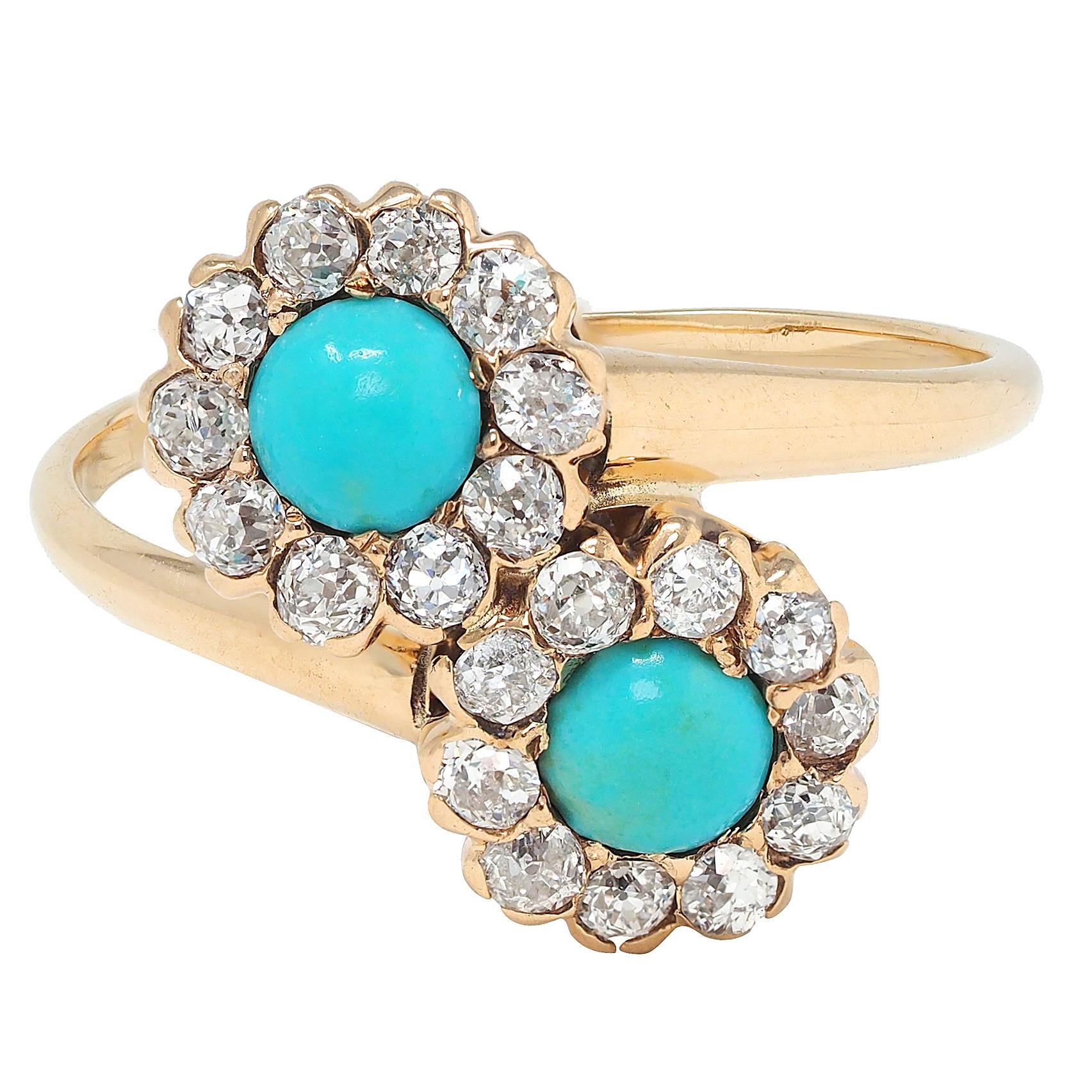 Victorian Turquoise Diamond 14 Karat Yellow Gold Antique Toi-Et-Moi Bypass Ring