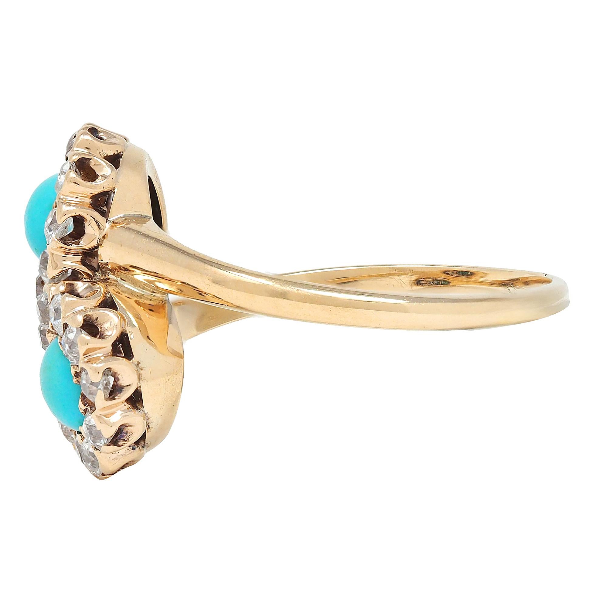 Victorian Turquoise Diamond 14 Karat Yellow Gold Antique Toi-Et-Moi Bypass Ring
