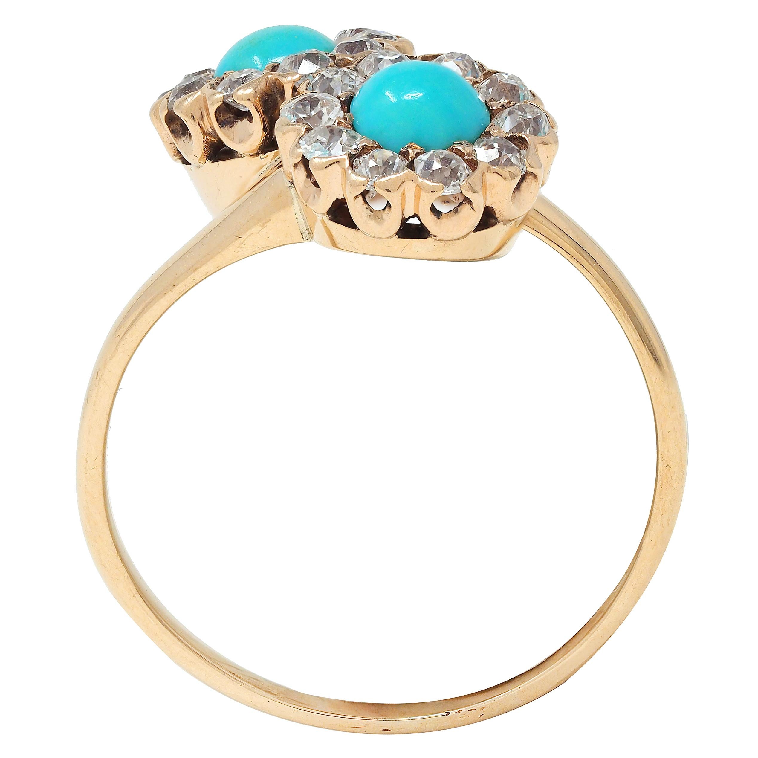 Victorian Turquoise Diamond 14 Karat Yellow Gold Antique Toi-Et-Moi Bypass Ring