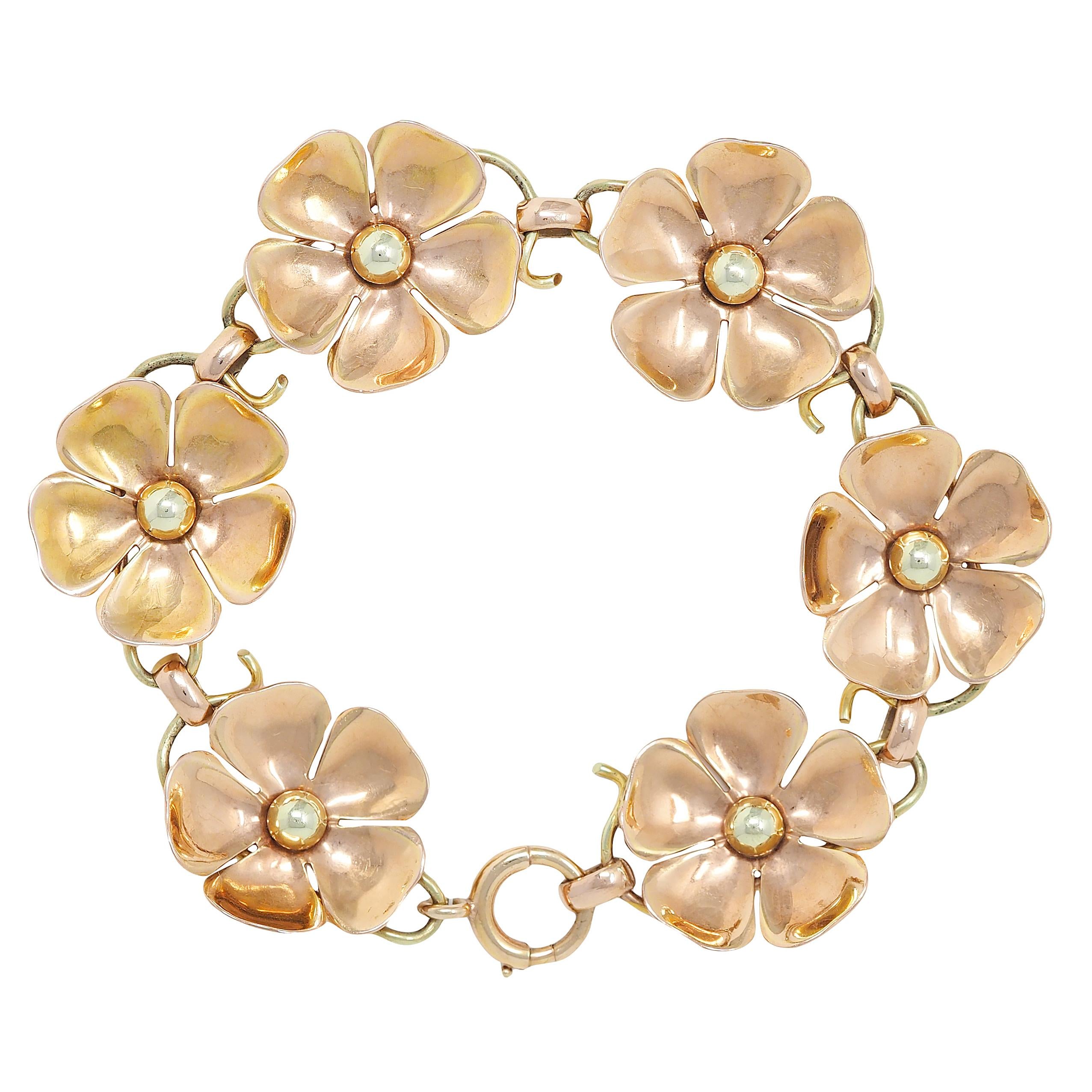 Retro 14 Karat Two-Tone Gold Vintage Floral Link Chain Bracelet