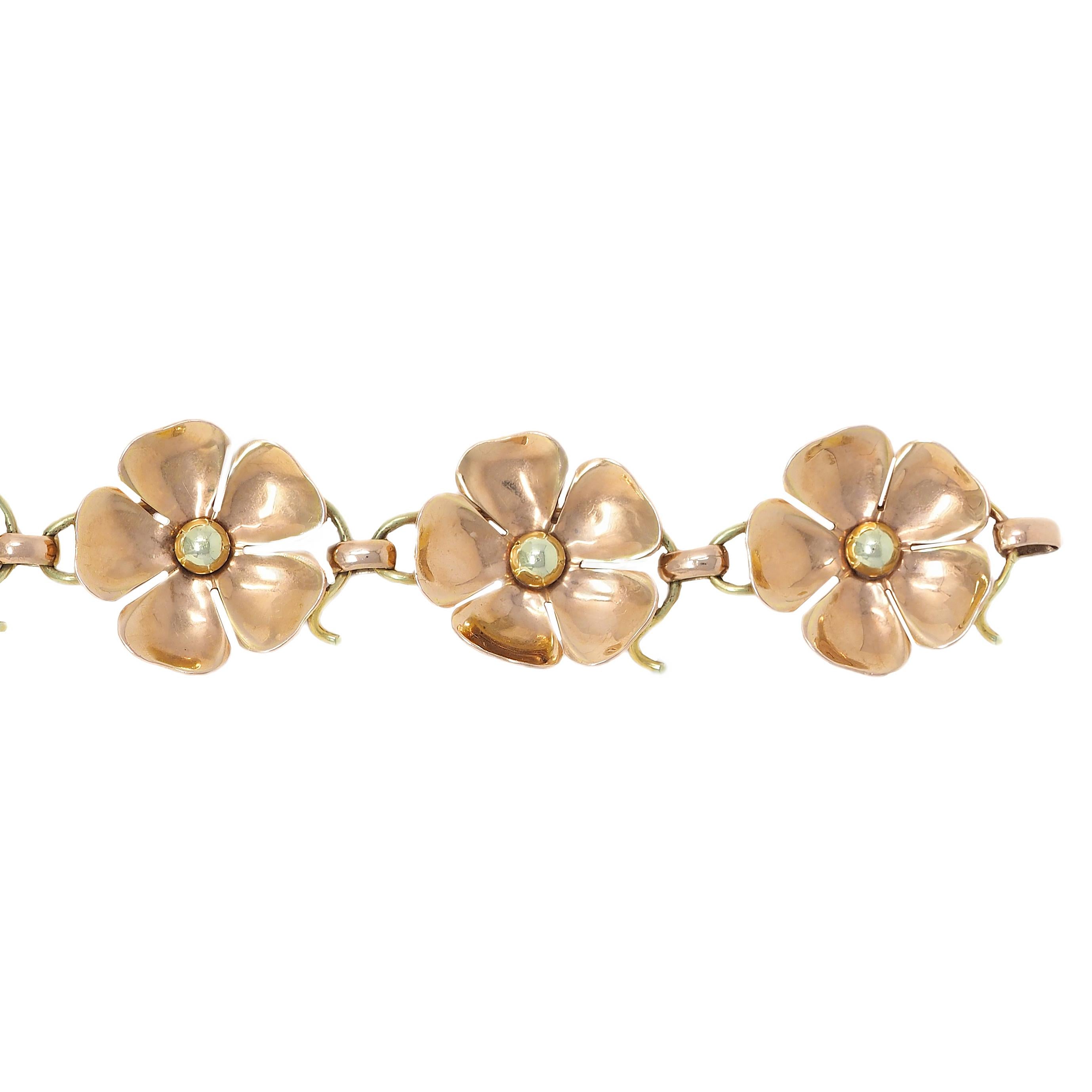 Retro 14 Karat Two-Tone Gold Vintage Floral Link Chain Bracelet