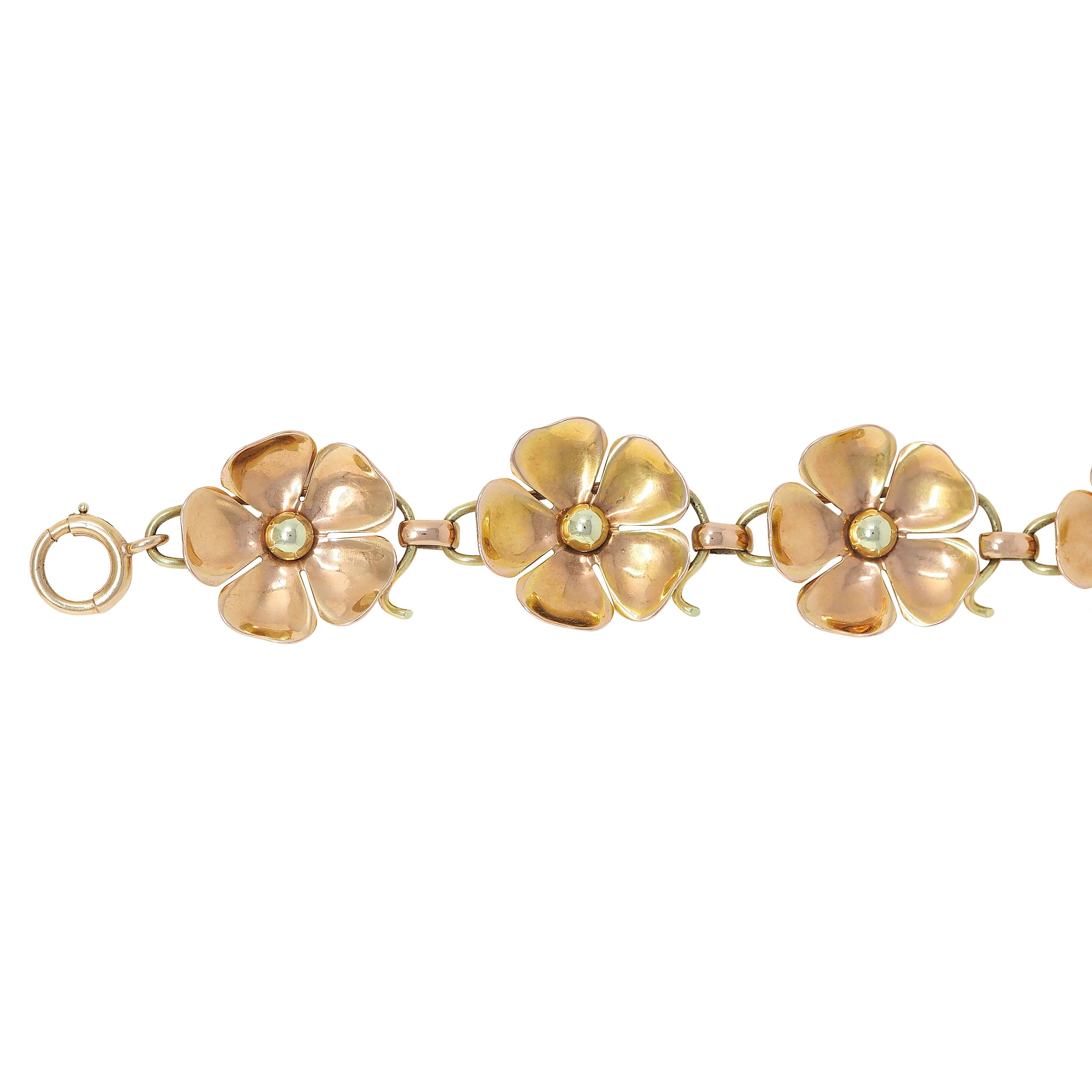Retro 14 Karat Two-Tone Gold Vintage Floral Link Chain Bracelet