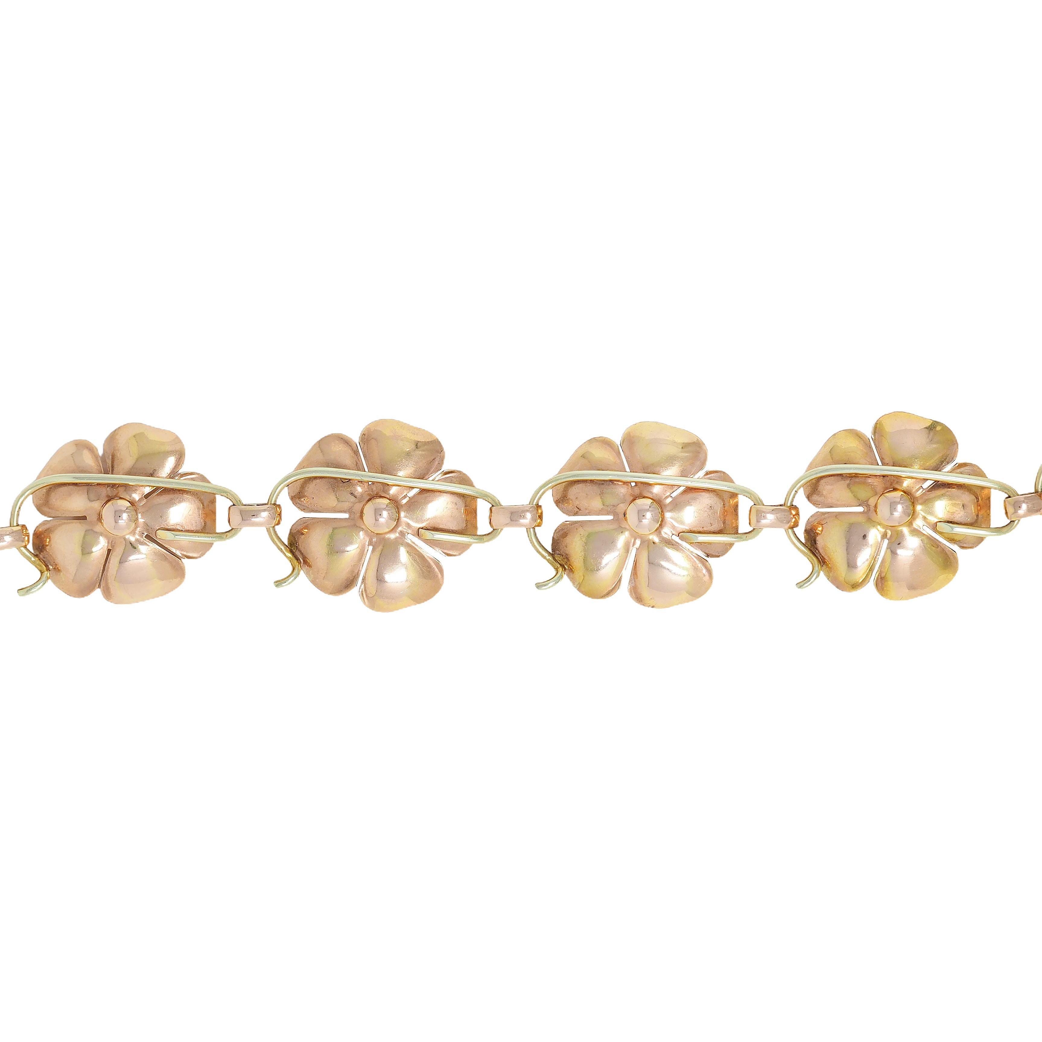 Retro 14 Karat Two-Tone Gold Vintage Floral Link Chain Bracelet