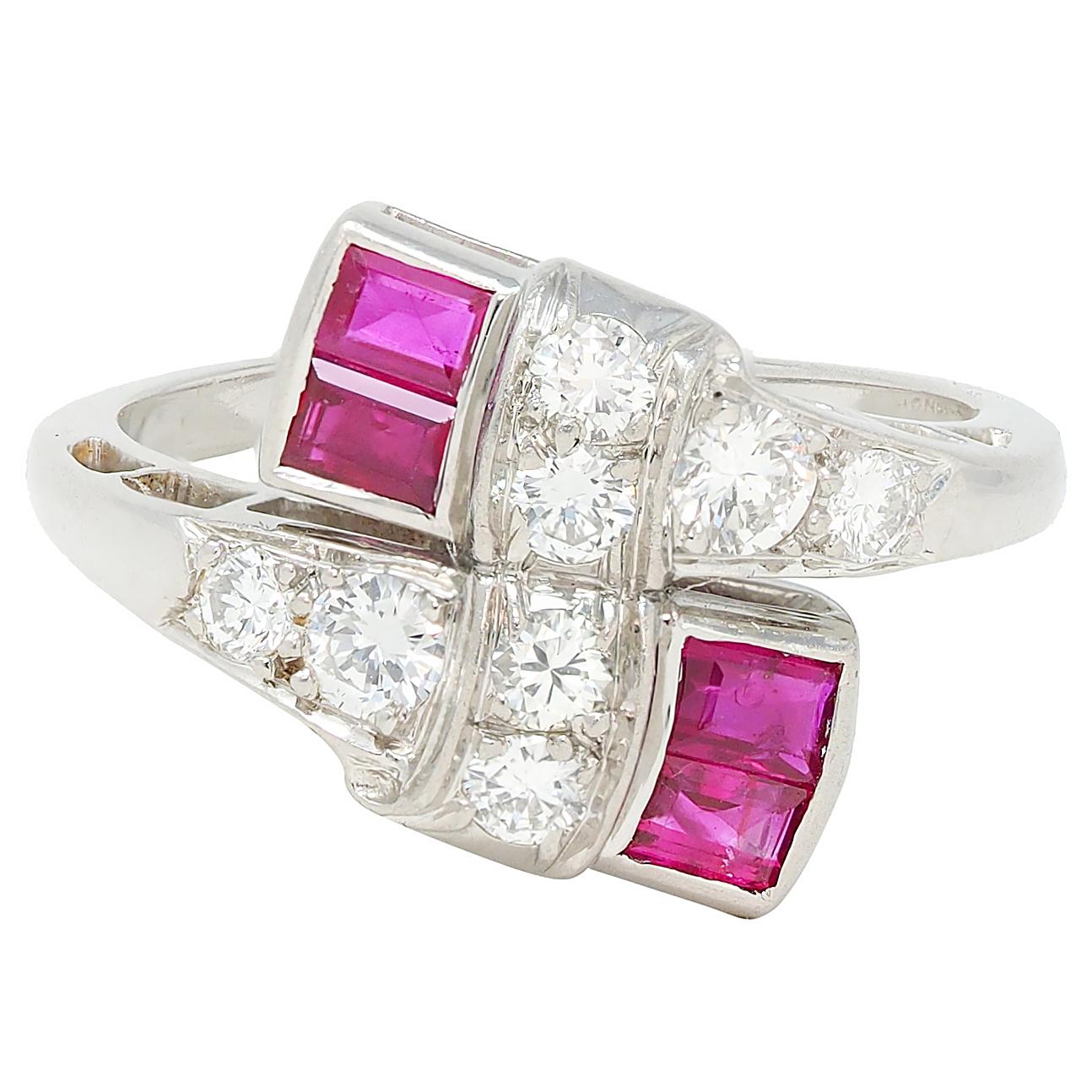 Maurice Tishman Mid-Century Ruby Diamond Platinum Bypass Ring