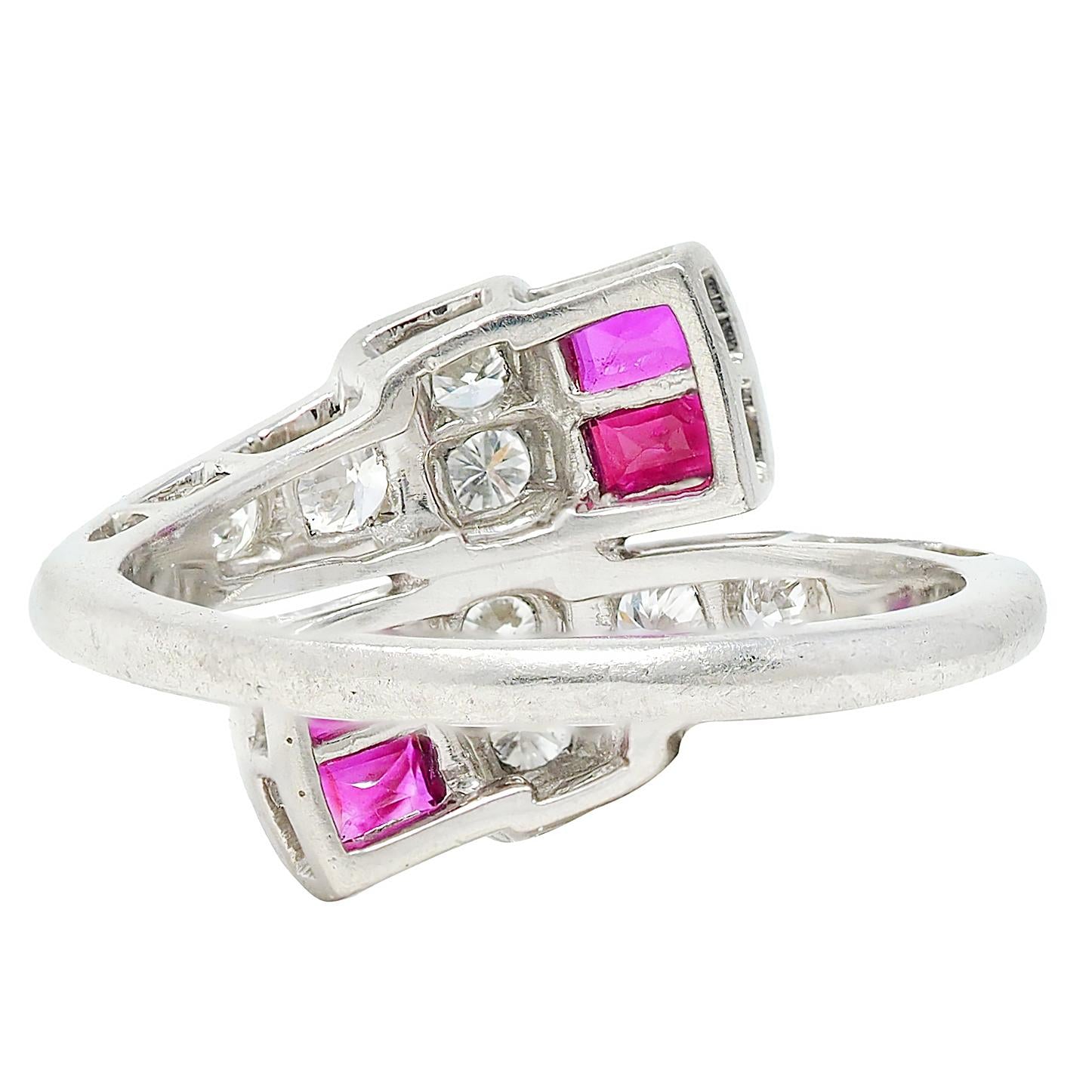 Maurice Tishman Mid-Century Ruby Diamond Platinum Bypass Ring