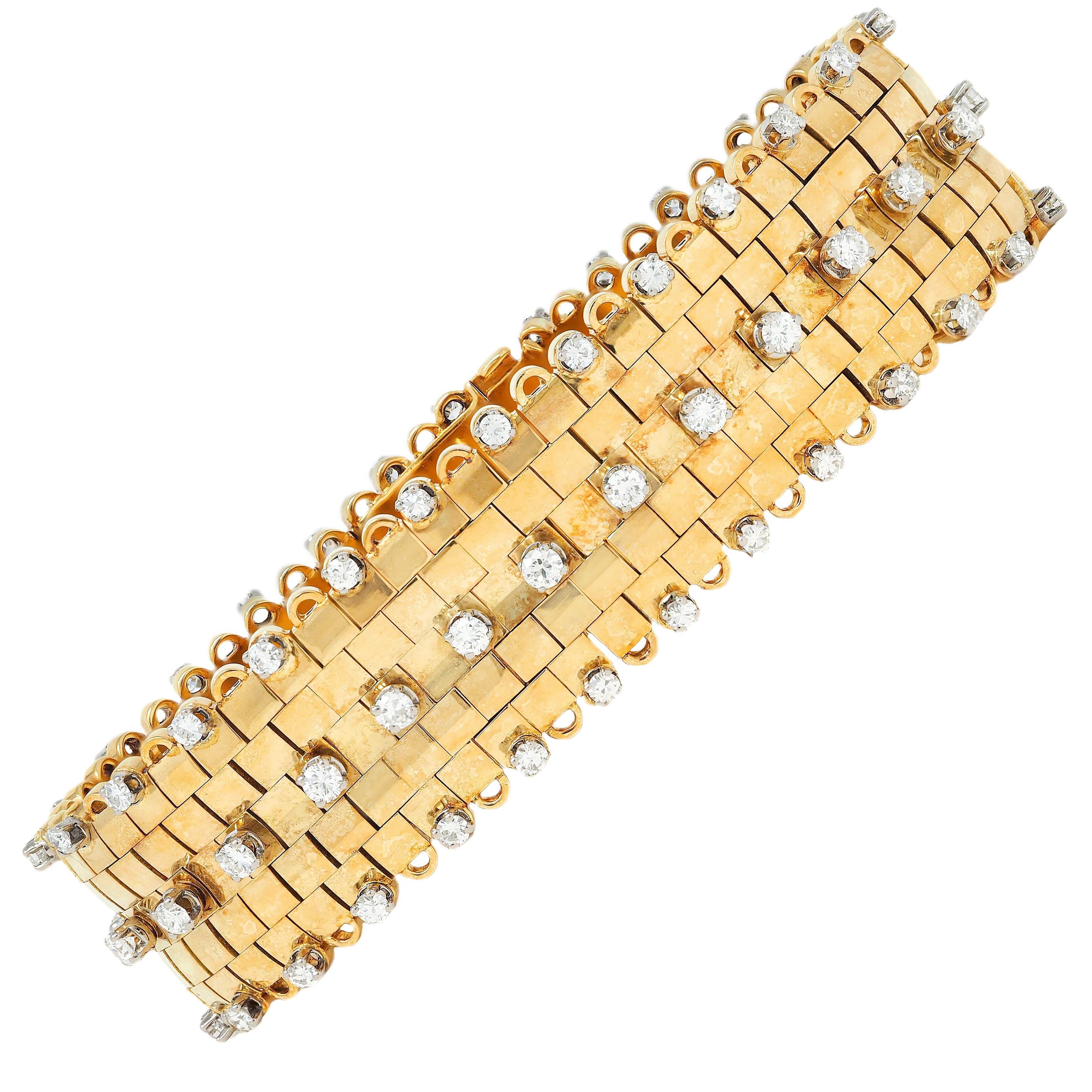 Mid-Century 4.32 CTW Diamond Platinum 18K Gold Vintage Panther Link Bracelet
