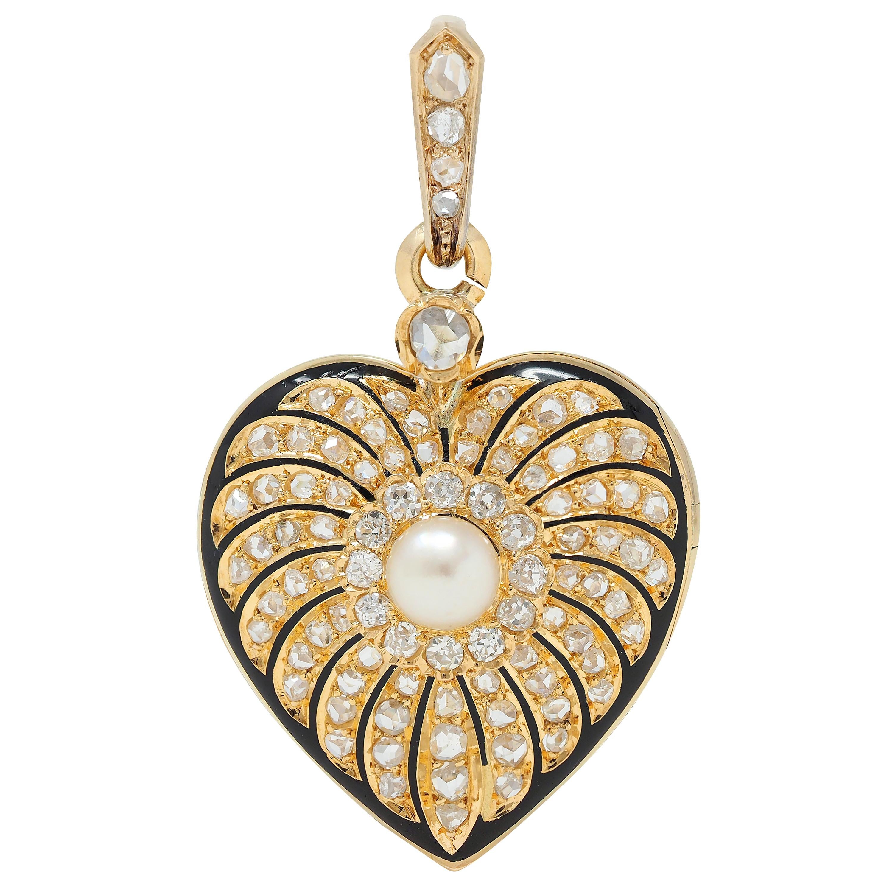 Victorian Diamond Pearl Enamel 18 Karat Yellow Gold Antique Heart Locket Pendant