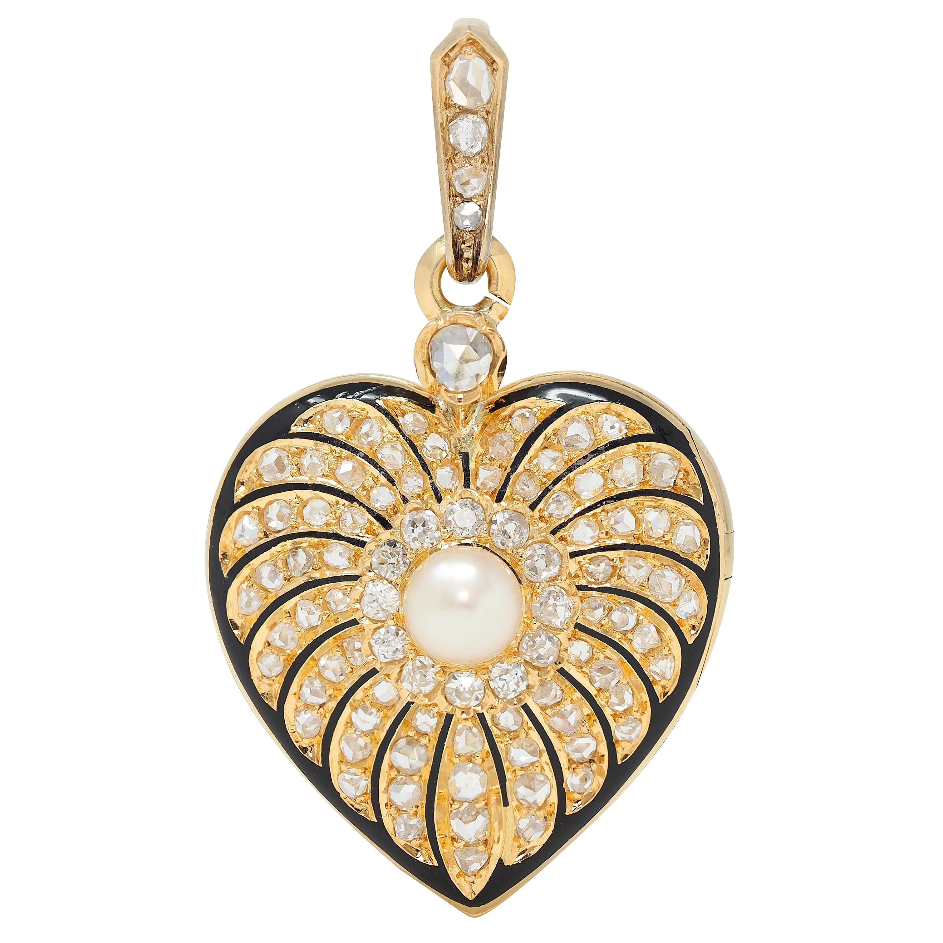 Victorian Diamond Pearl Enamel 18 Karat Yellow Gold Antique Heart Locket Pendant