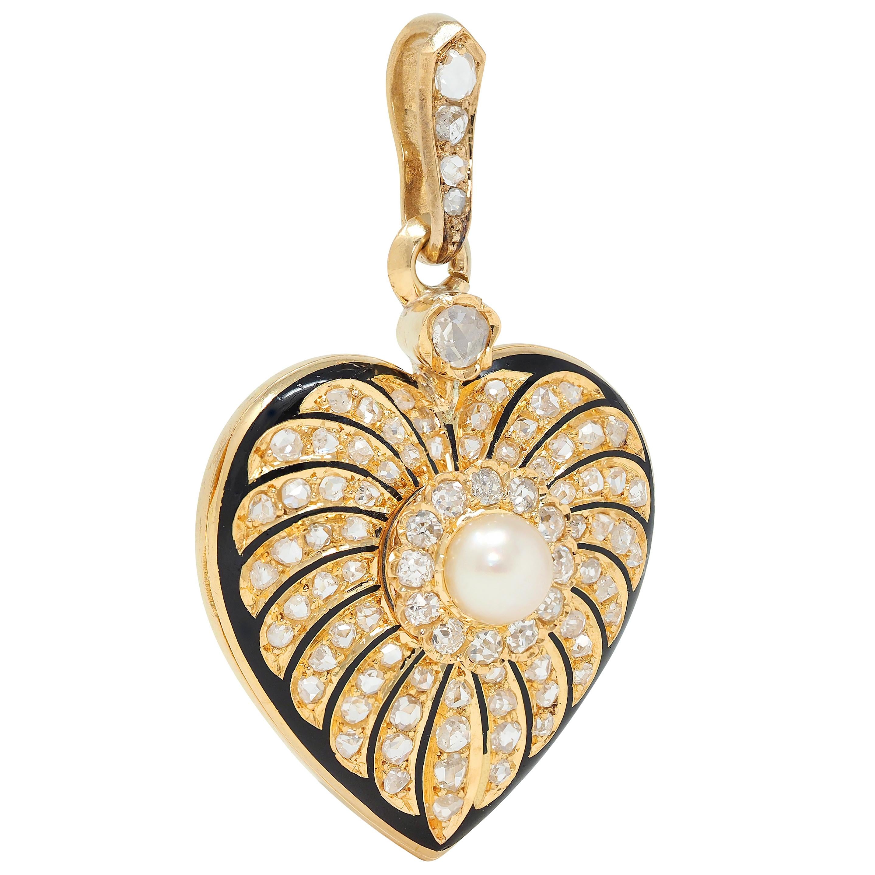 Victorian Diamond Pearl Enamel 18 Karat Yellow Gold Antique Heart Locket Pendant