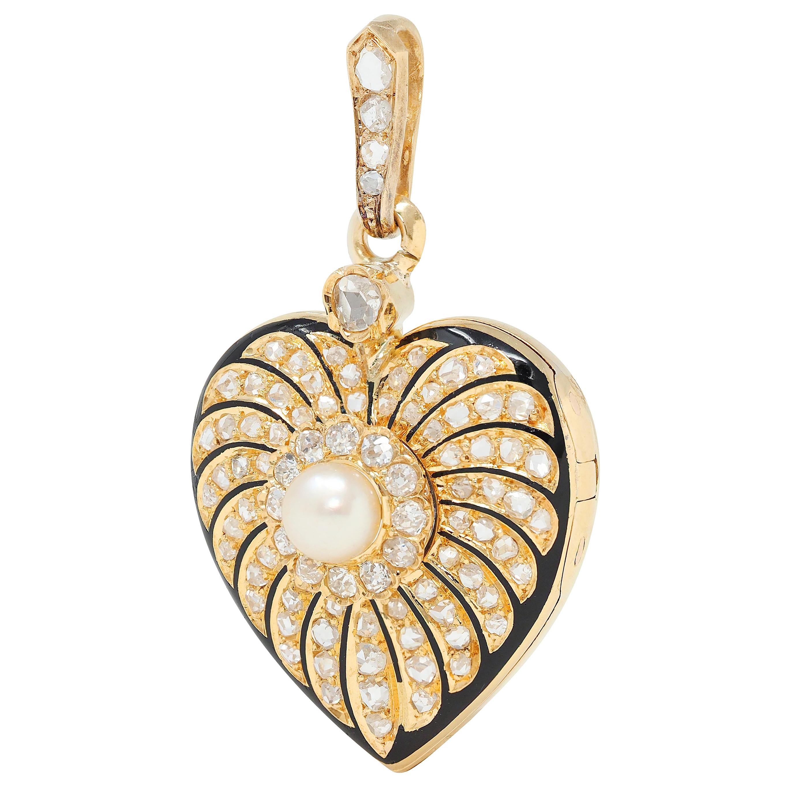 Victorian Diamond Pearl Enamel 18 Karat Yellow Gold Antique Heart Locket Pendant