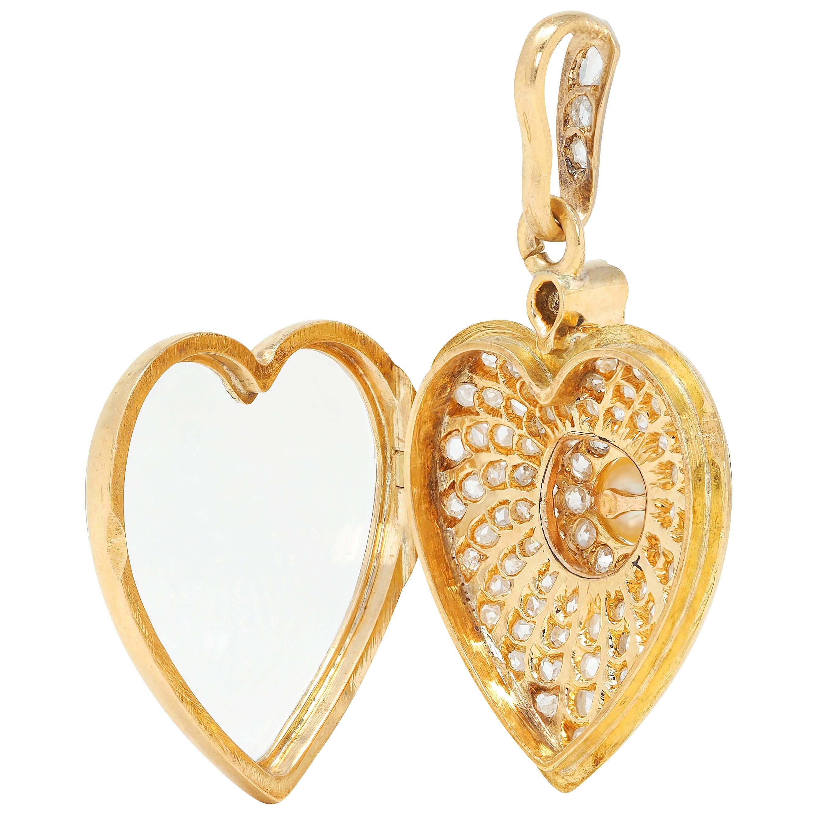 Victorian Diamond Pearl Enamel 18 Karat Yellow Gold Antique Heart Locket Pendant
