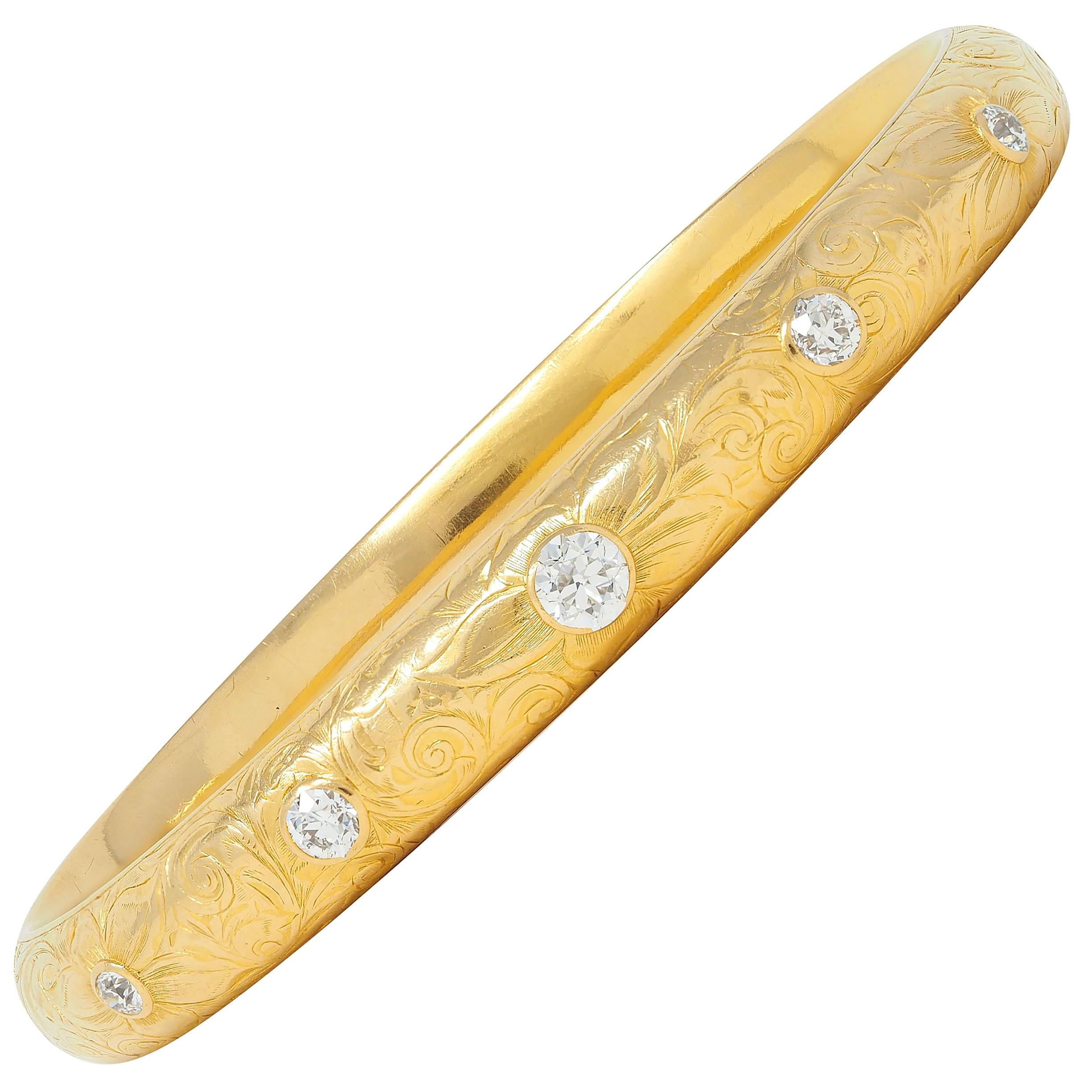 Riker Brothers Art Nouveau European Diamond 18K Antique Floral Bangle Bracelet