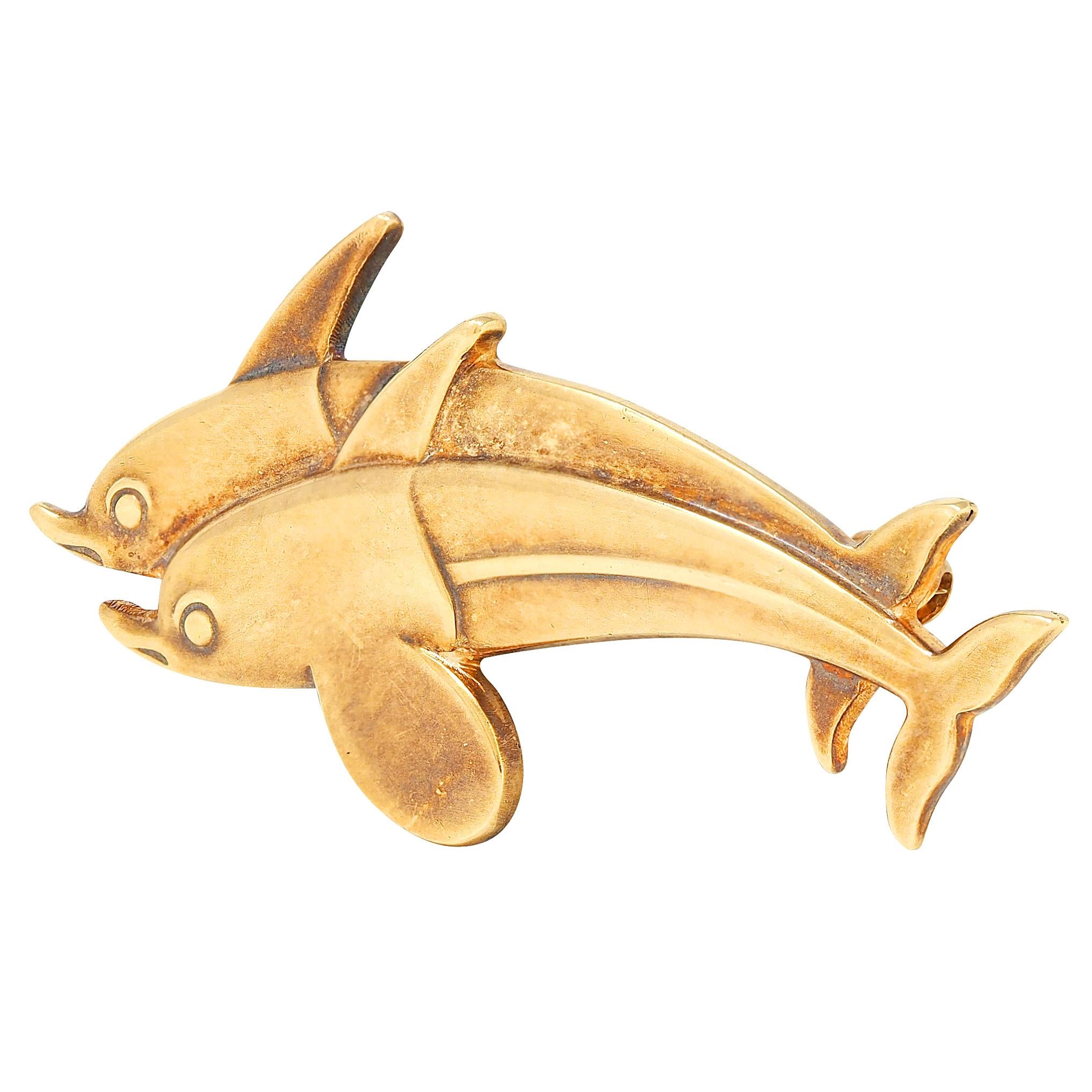 Georg Jensen Arno Malinowski Modernist 18K Gold Vintage Double Dolphin Brooch