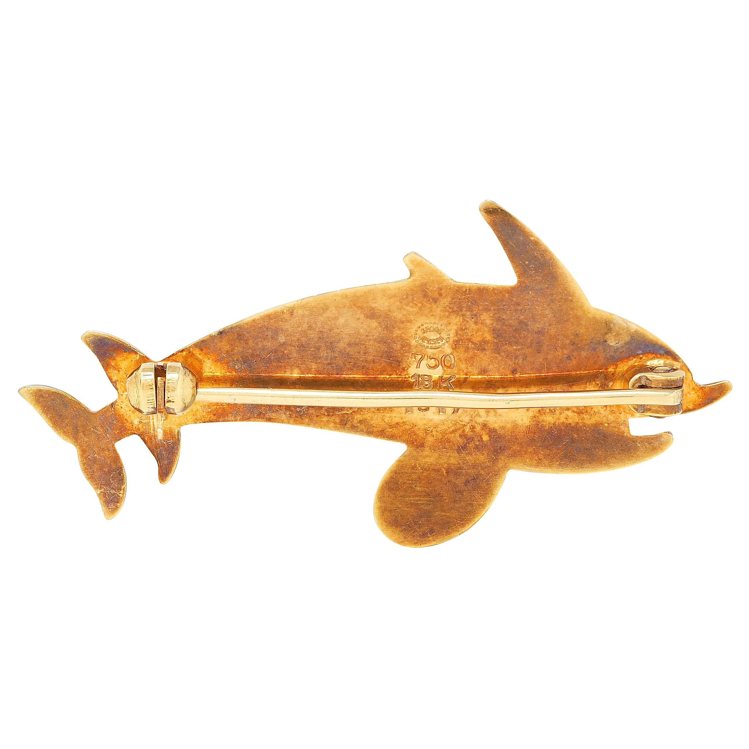 Georg Jensen Arno Malinowski Modernist 18K Gold Vintage Double Dolphin Brooch