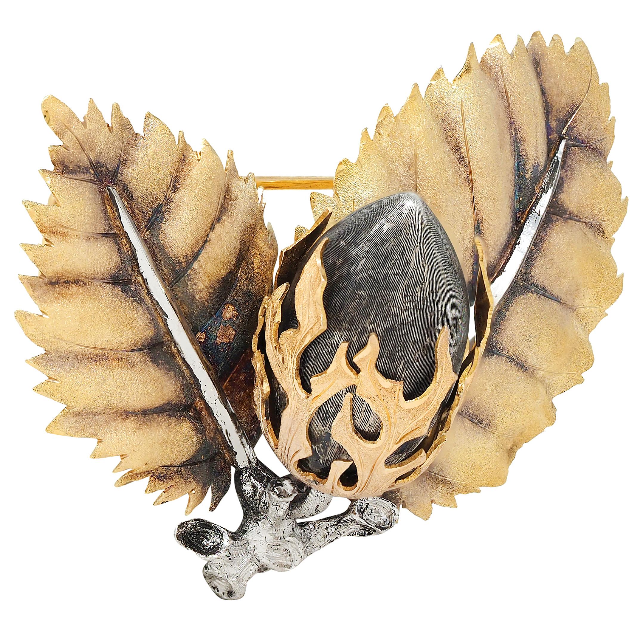 Buccellati 1960's 18 Karat Yellow Gold Sterling Silver Vintage Acorn Brooch