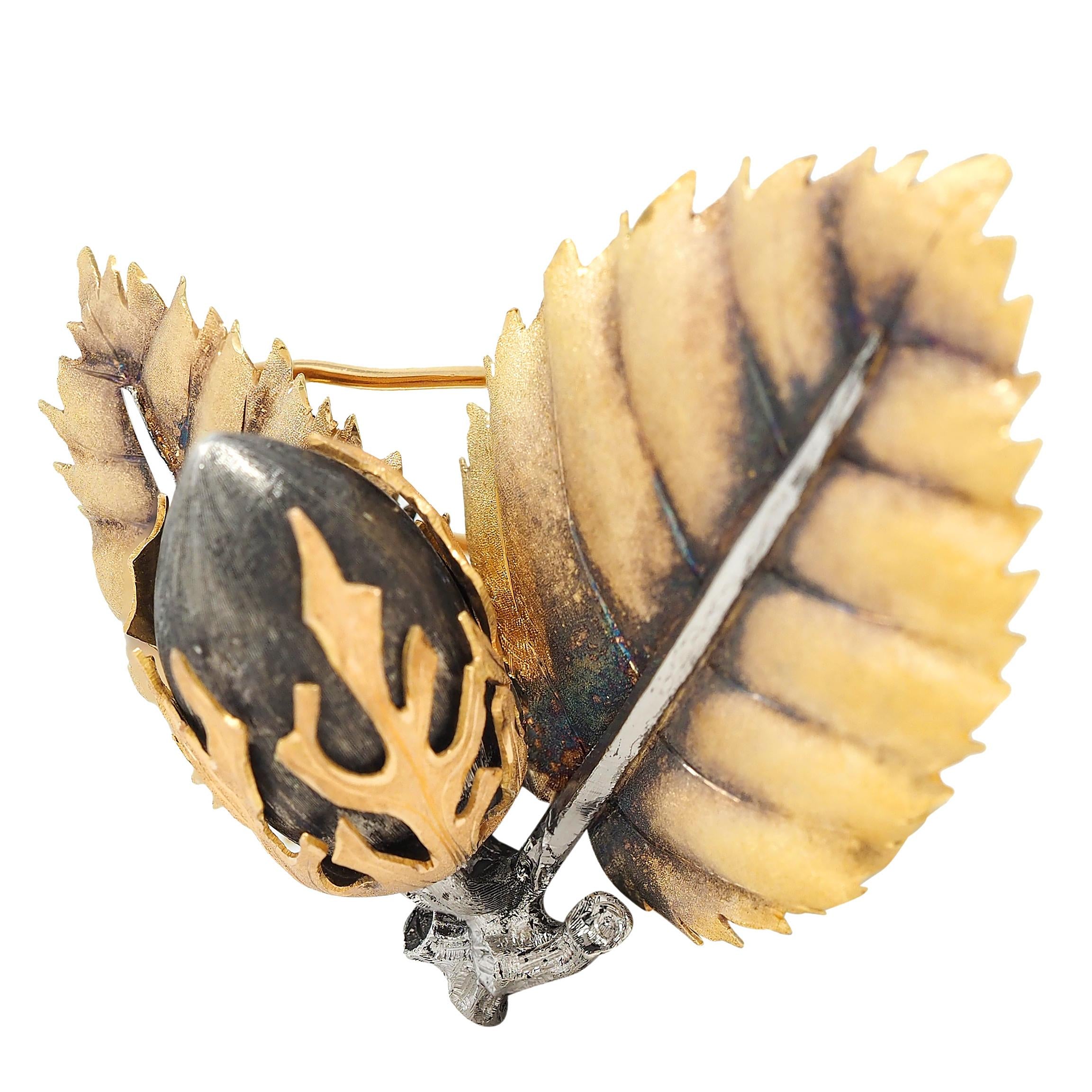 Buccellati 1960's 18 Karat Yellow Gold Sterling Silver Vintage Acorn Brooch