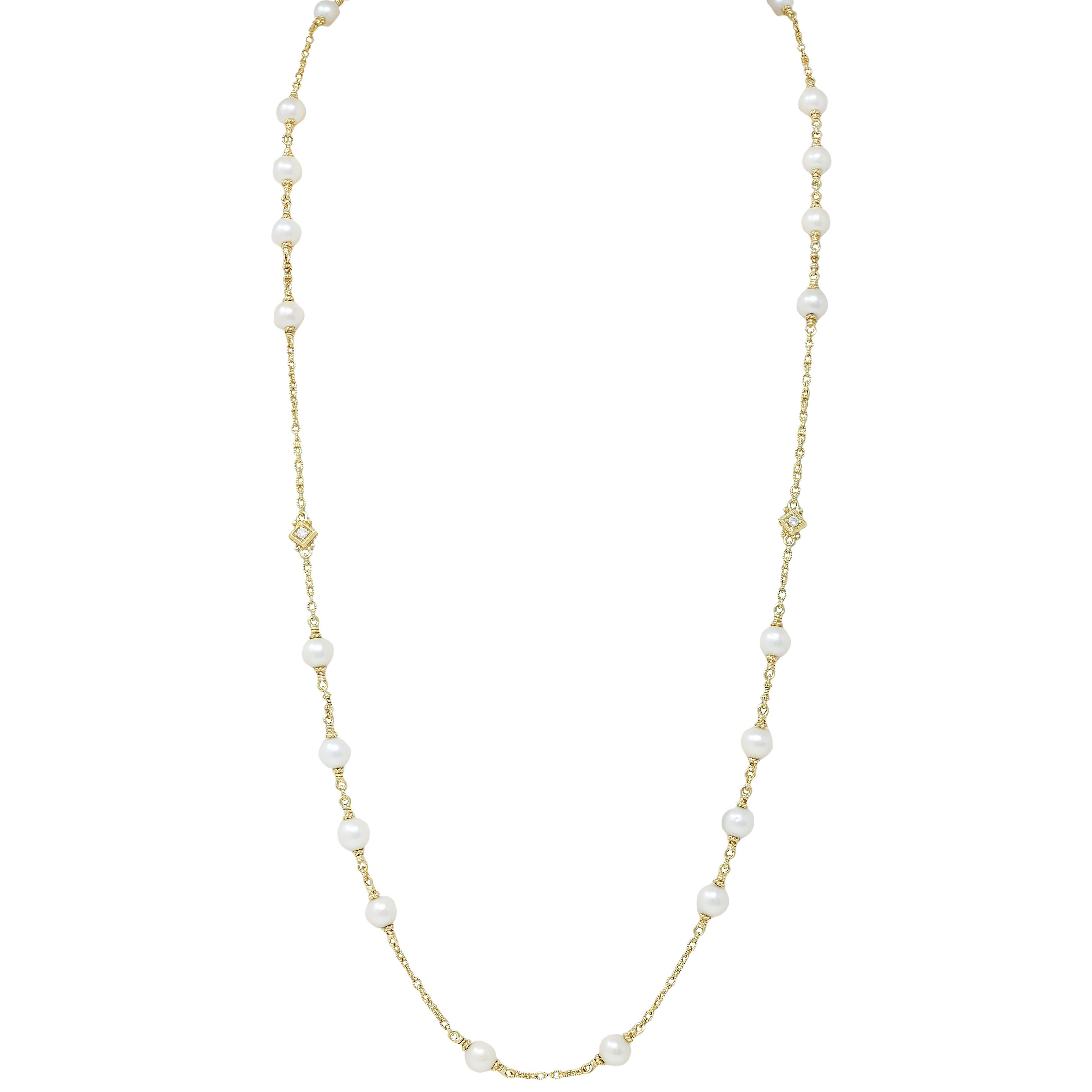 Judith Ripka 2000's Akoya Pearl Diamond 18 Karat Yellow Gold Station Necklace