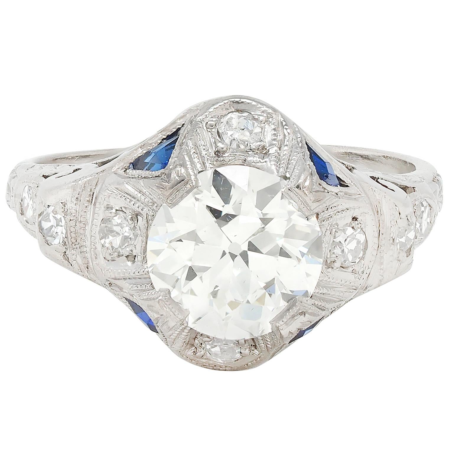 Art Deco 1.72 CTW Old European Diamond Platinum Vintage Engagement Ring GIA