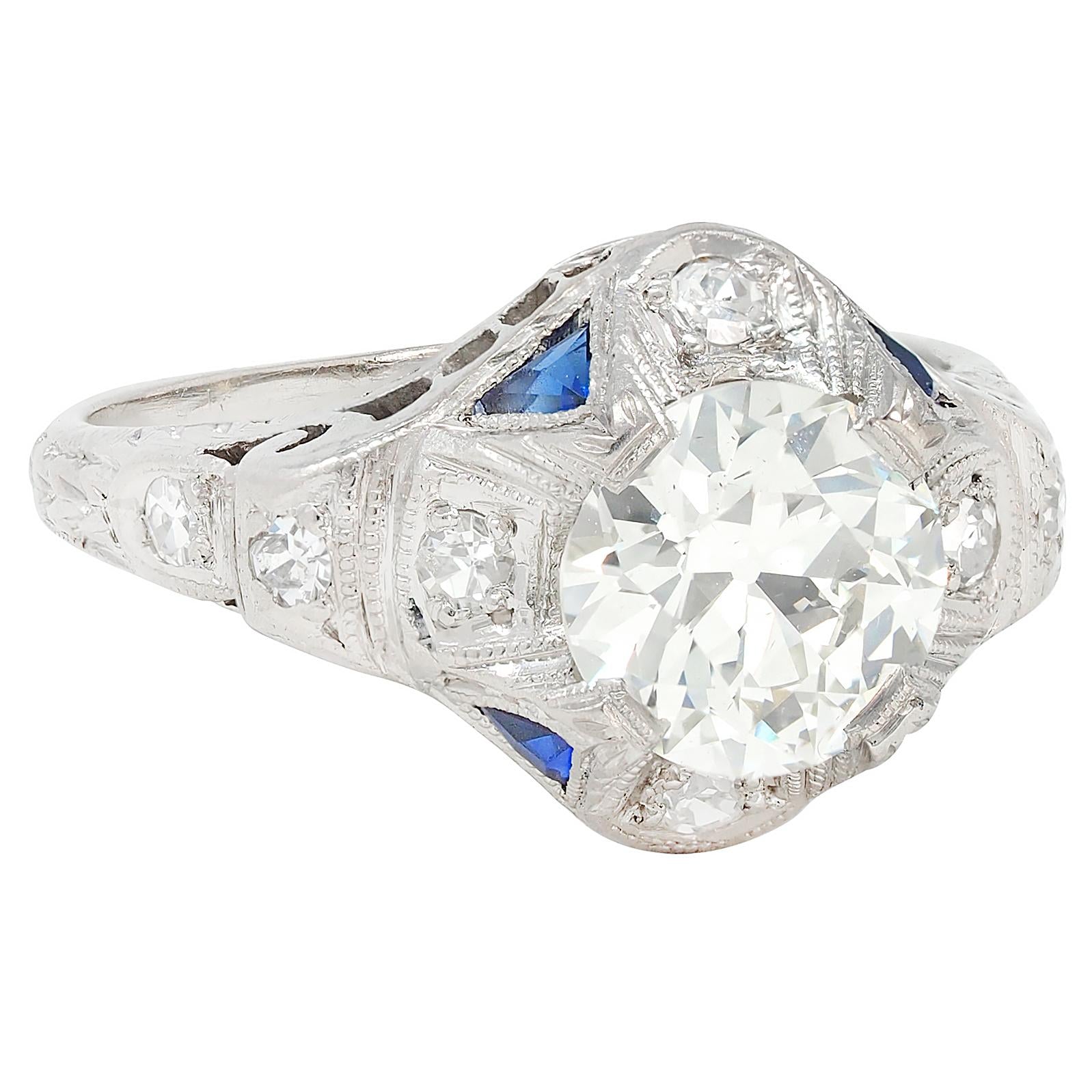 Art Deco 1.72 CTW Old European Diamond Platinum Vintage Engagement Ring GIA