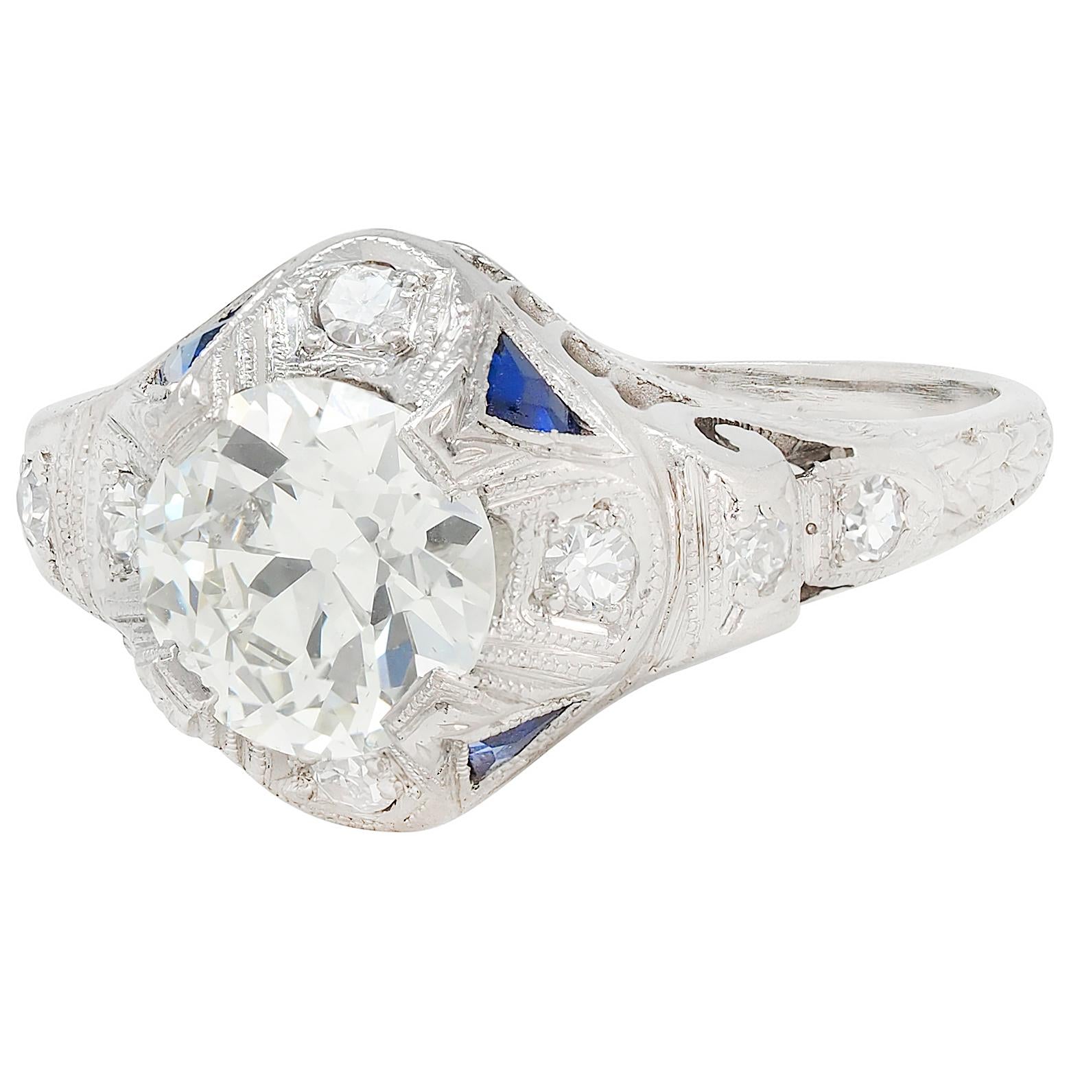 Art Deco 1.72 CTW Old European Diamond Platinum Vintage Engagement Ring GIA