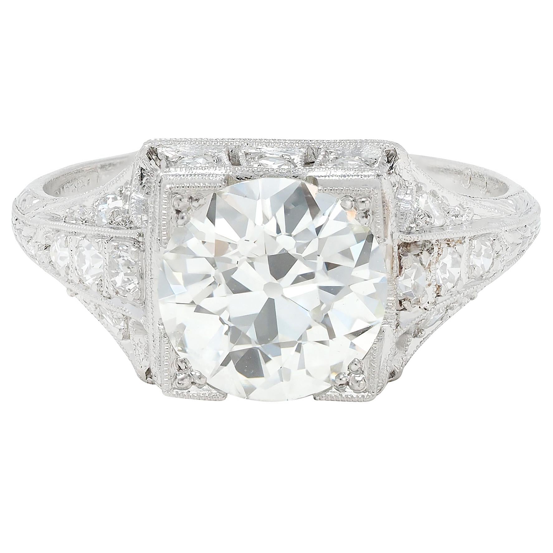Art Deco 2.25 CTW Old European Cut Diamond Platinum Vintage Engagement Ring GIA