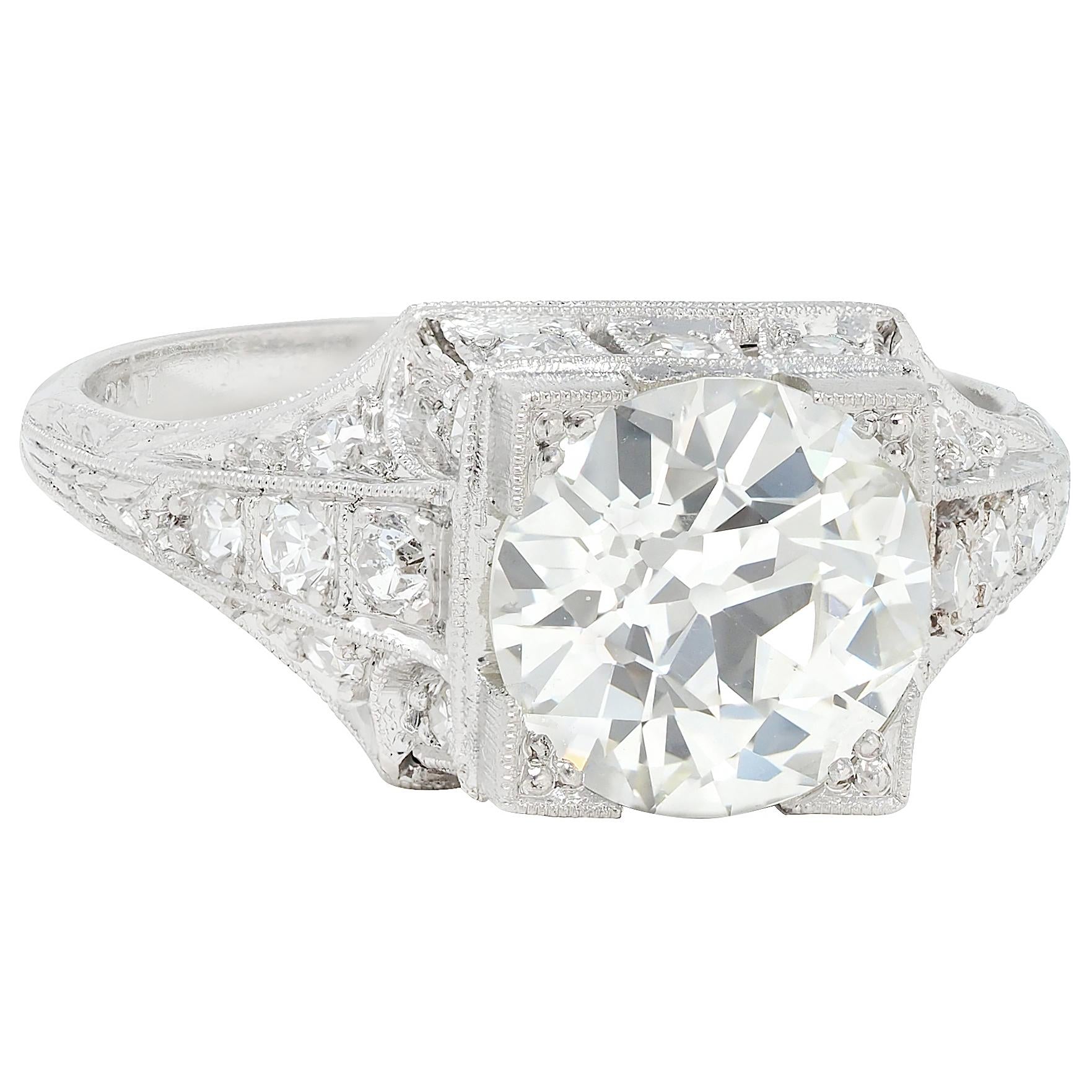 Art Deco 2.25 CTW Old European Cut Diamond Platinum Vintage Engagement Ring GIA