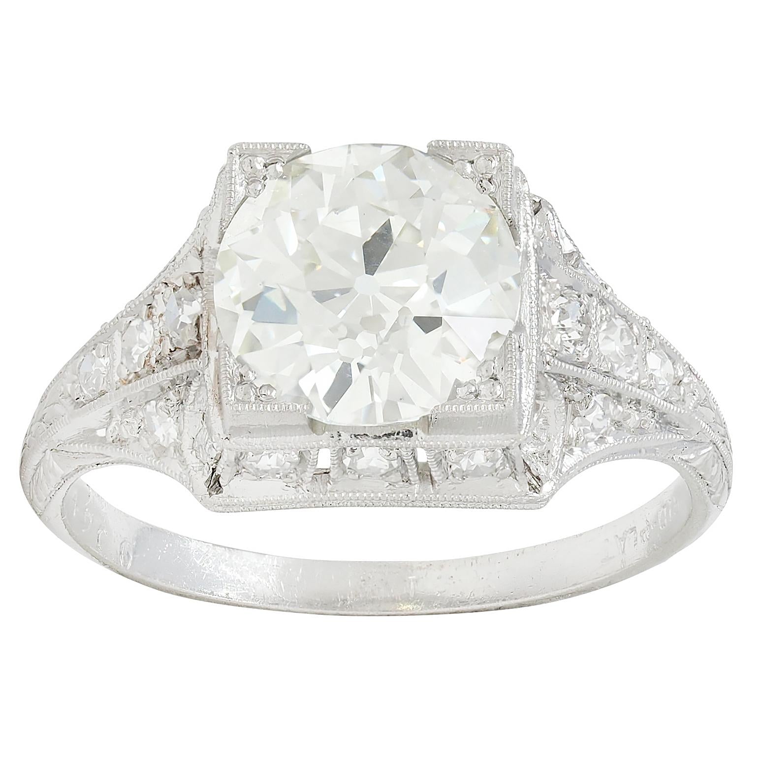 Art Deco 2.25 CTW Old European Cut Diamond Platinum Vintage Engagement Ring GIA