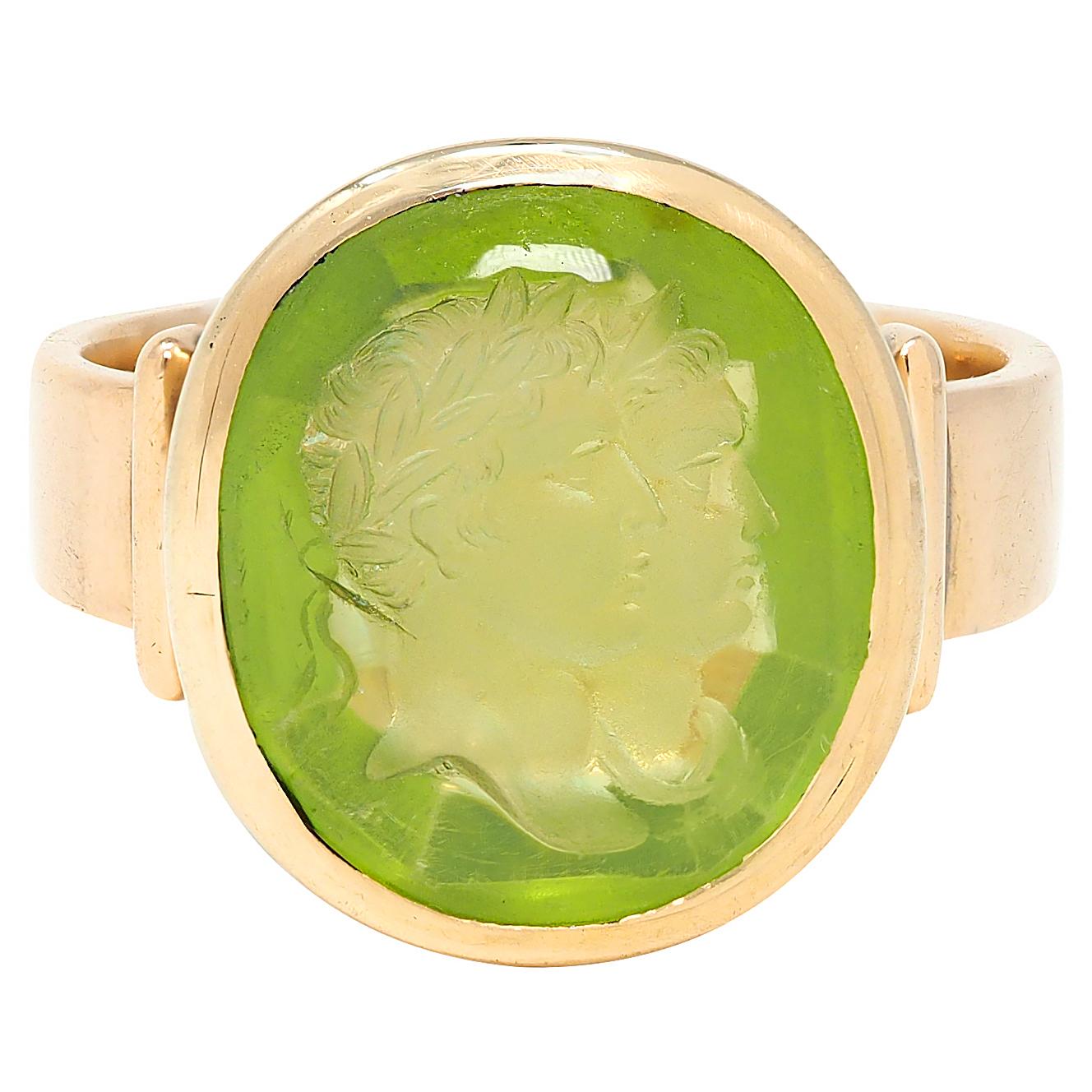 Victorian Peridot 18 Karat Yellow Gold Antique Roman Bust Intaglio Signet Ring