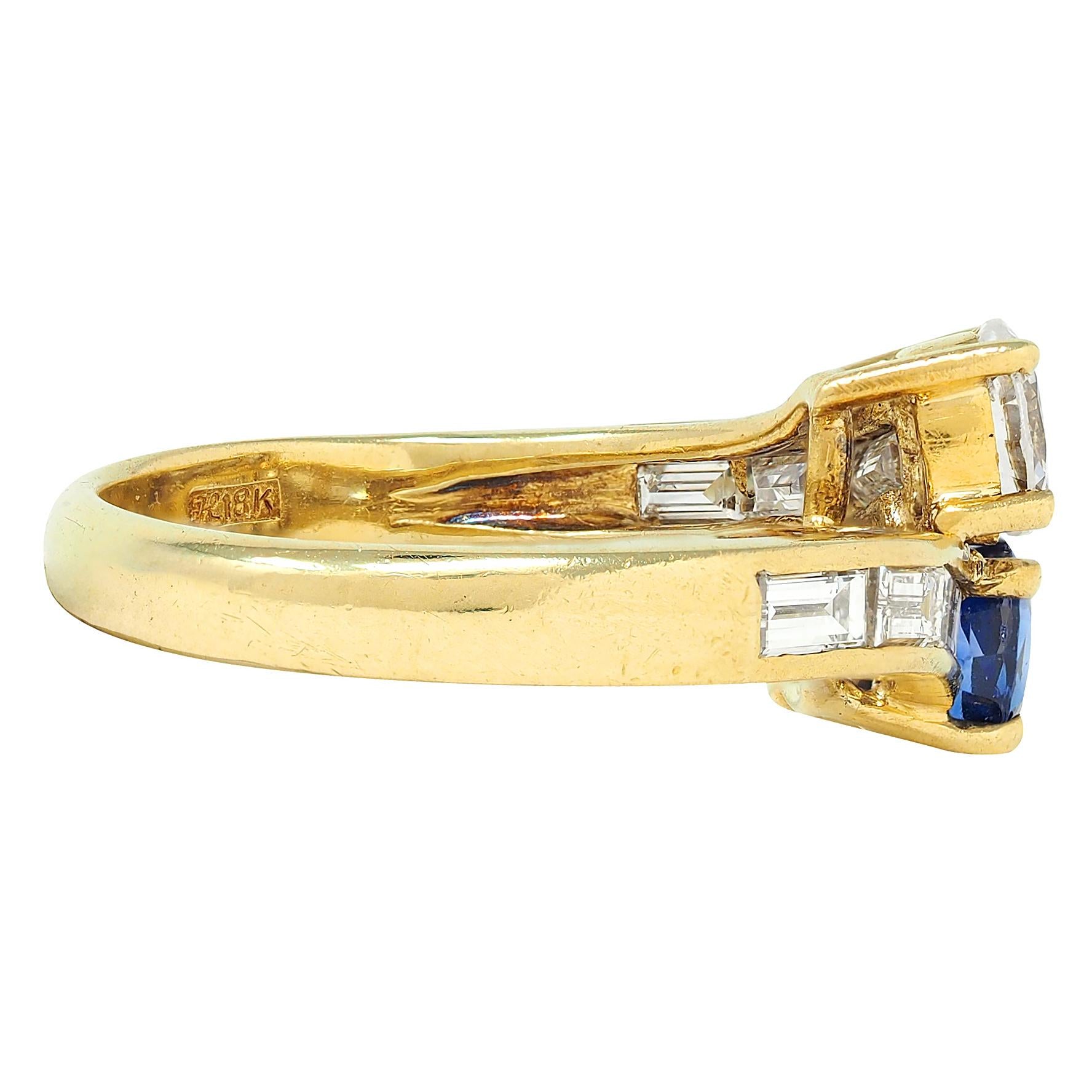 1980's Sapphire Diamond 18 Karat Yellow Gold Vintage Toi-Et-Moi Bypass Ring