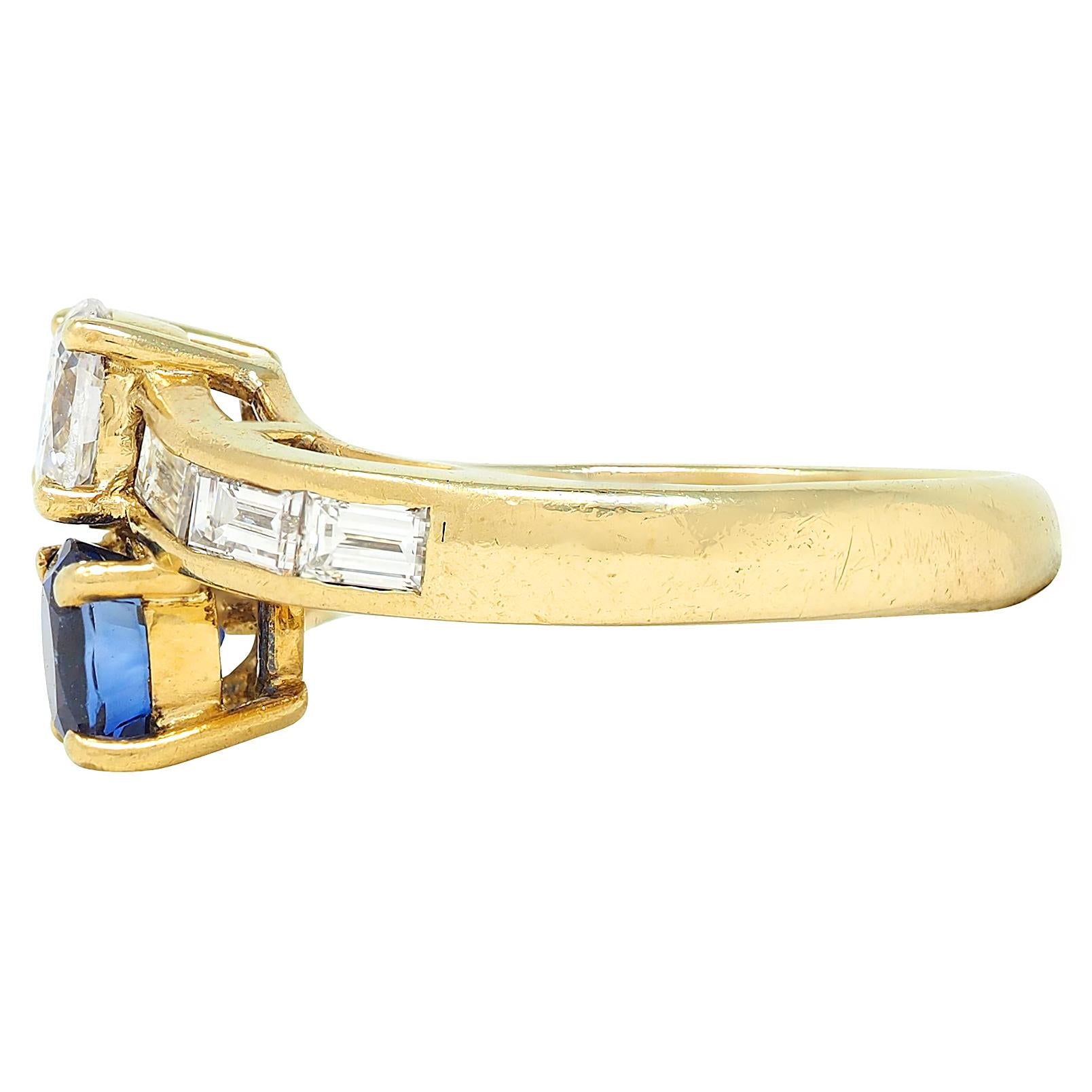 1980's Sapphire Diamond 18 Karat Yellow Gold Vintage Toi-Et-Moi Bypass Ring
