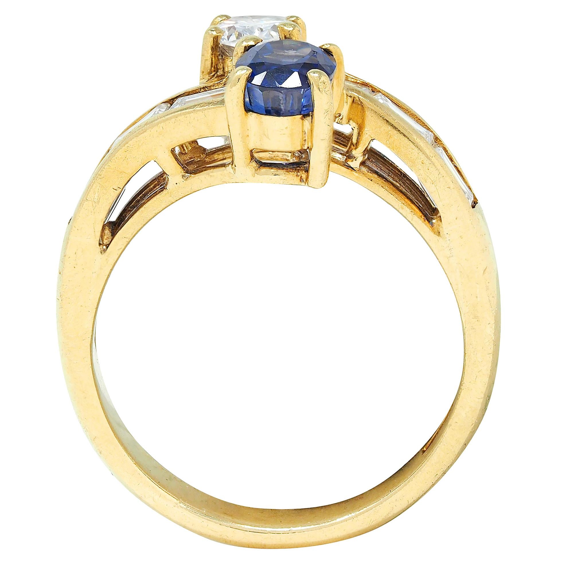 1980's Sapphire Diamond 18 Karat Yellow Gold Vintage Toi-Et-Moi Bypass Ring
