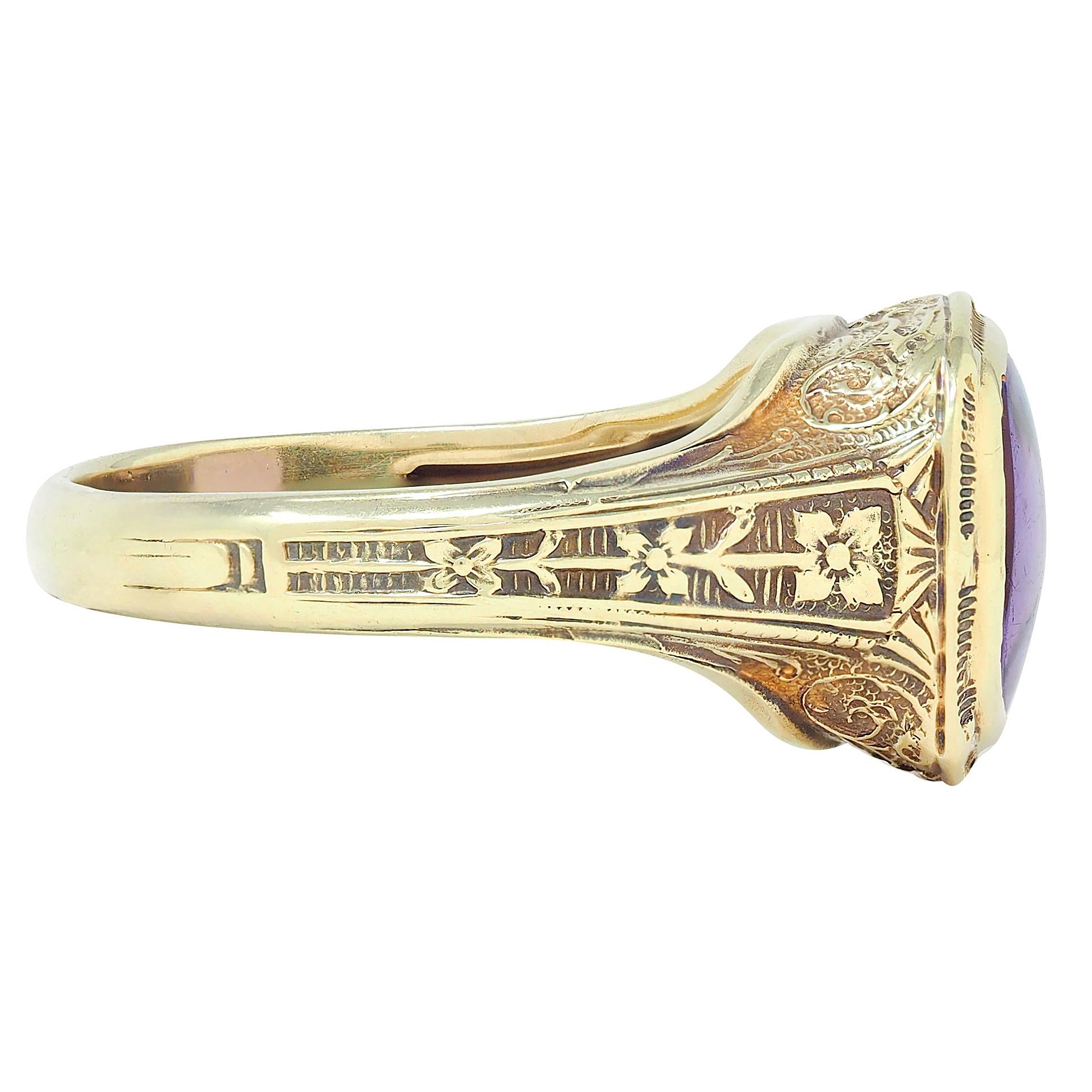 Art Nouveau Amethyst 14K Yellow Gold Antique Scrolling Floral Vine Signet Ring