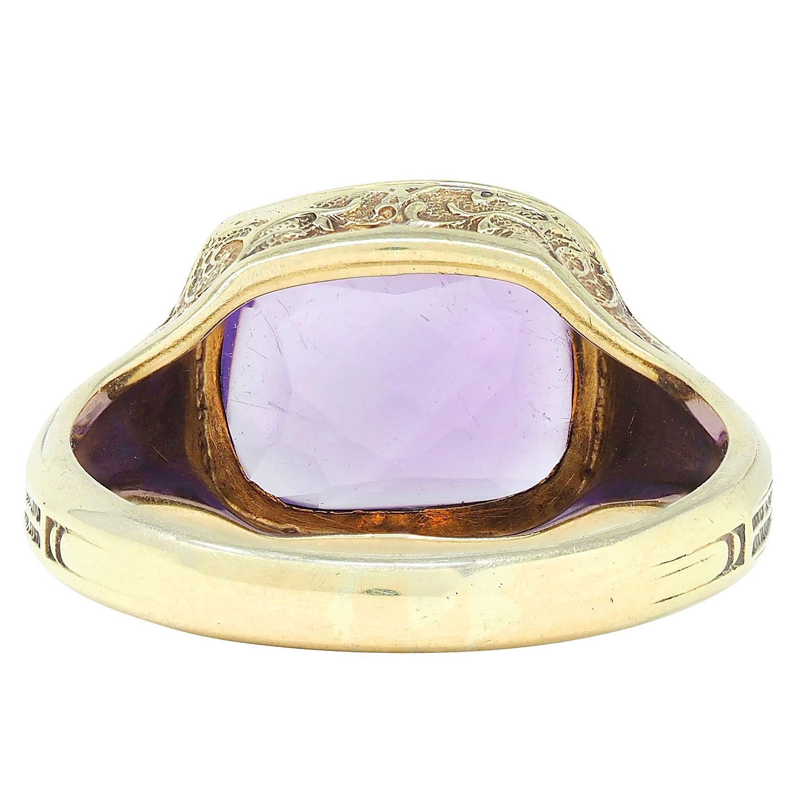 Art Nouveau Amethyst 14K Yellow Gold Antique Scrolling Floral Vine Signet Ring