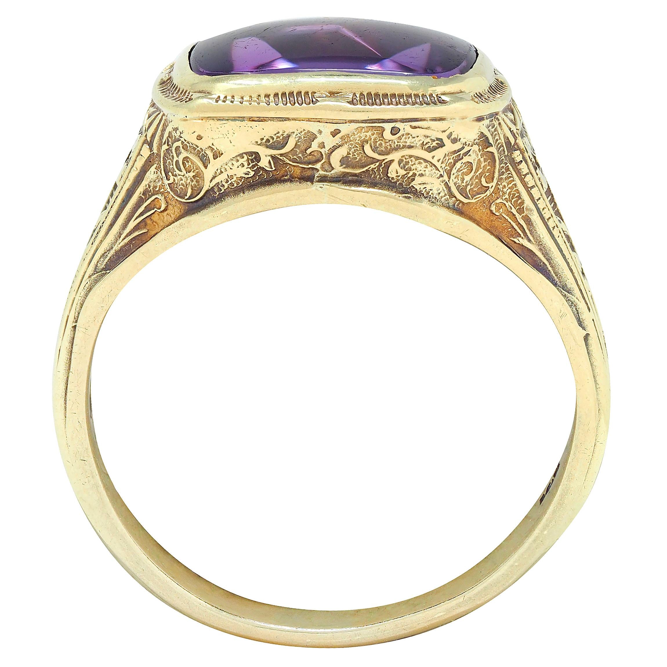 Art Nouveau Amethyst 14K Yellow Gold Antique Scrolling Floral Vine Signet Ring
