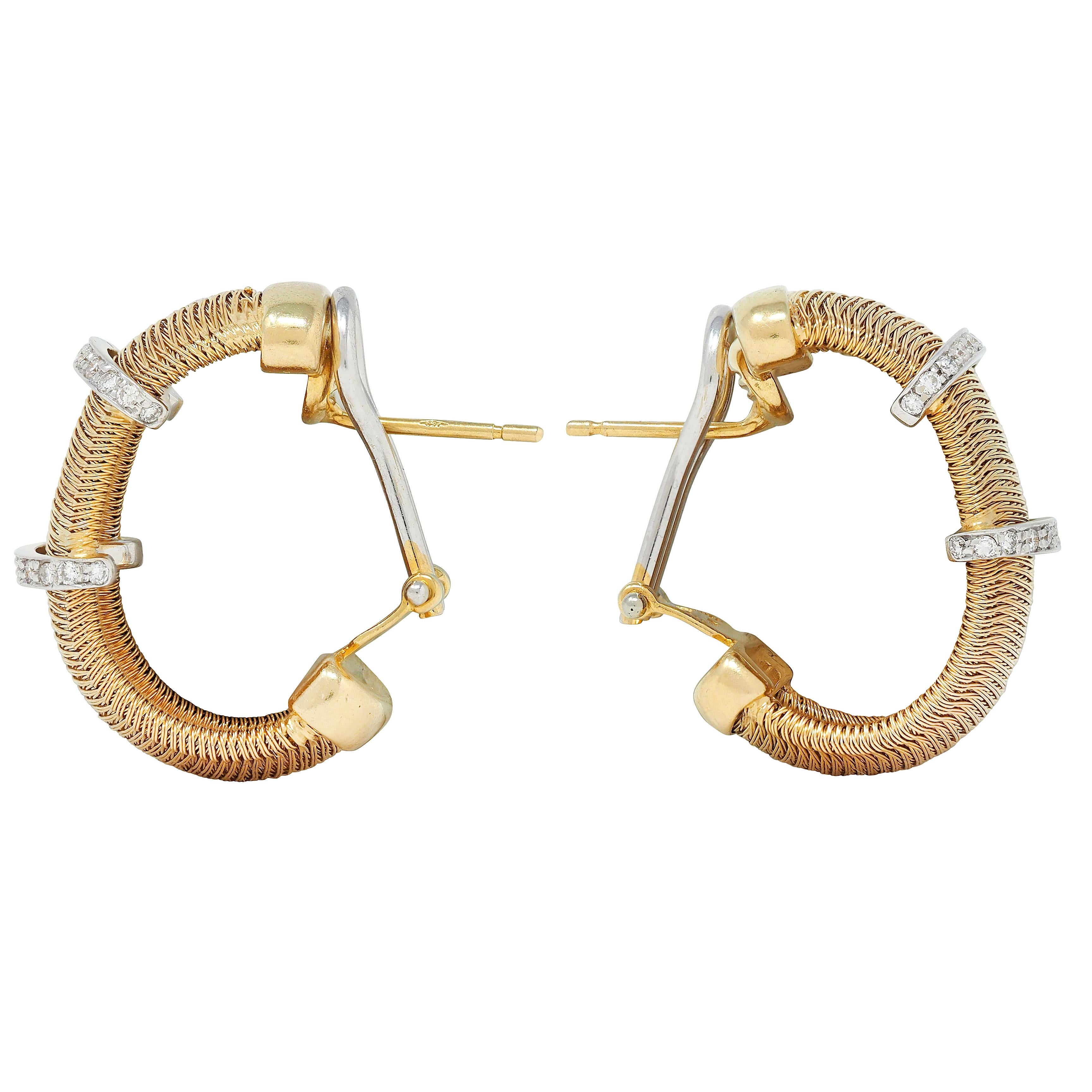 Contemporary Diamond 18 Karat Two-Tone Gold Woven Mesh J-Hoop Earrings