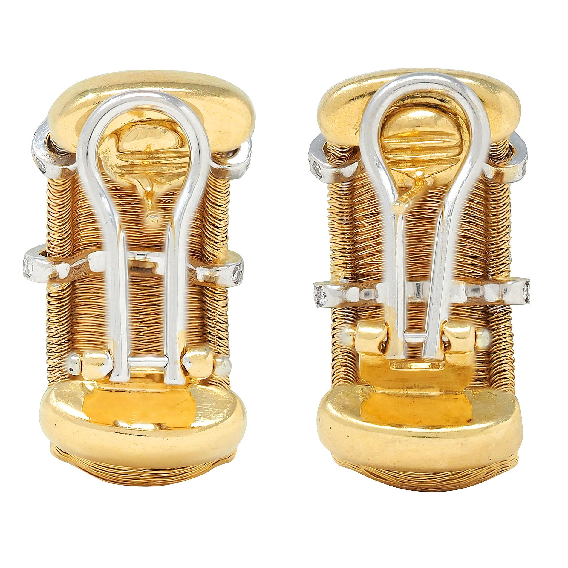 Contemporary Diamond 18 Karat Two-Tone Gold Woven Mesh J-Hoop Earrings