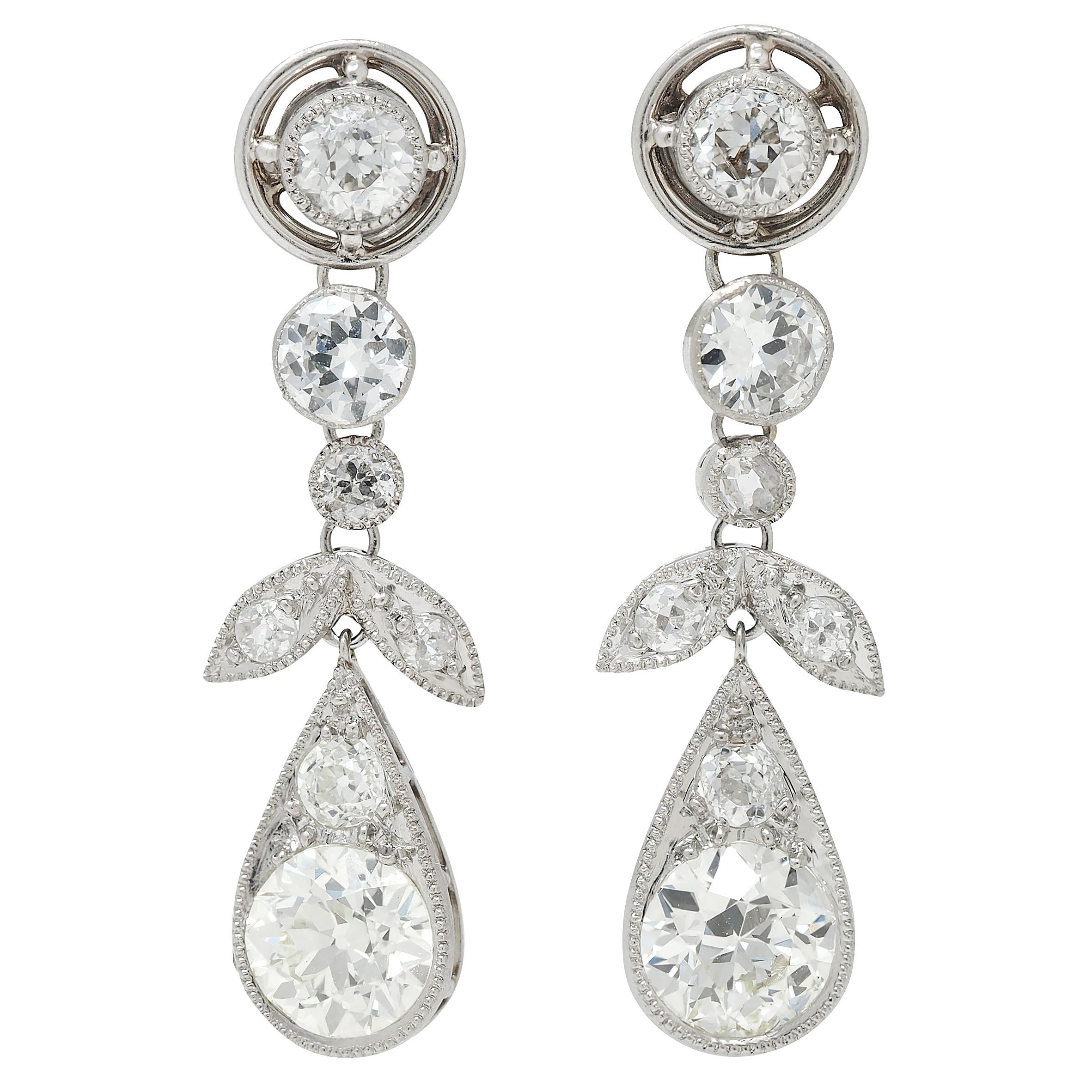 Art Deco Diamond 4.20 Platinum 14 Karat Gold Antique Floral Drop Earrings