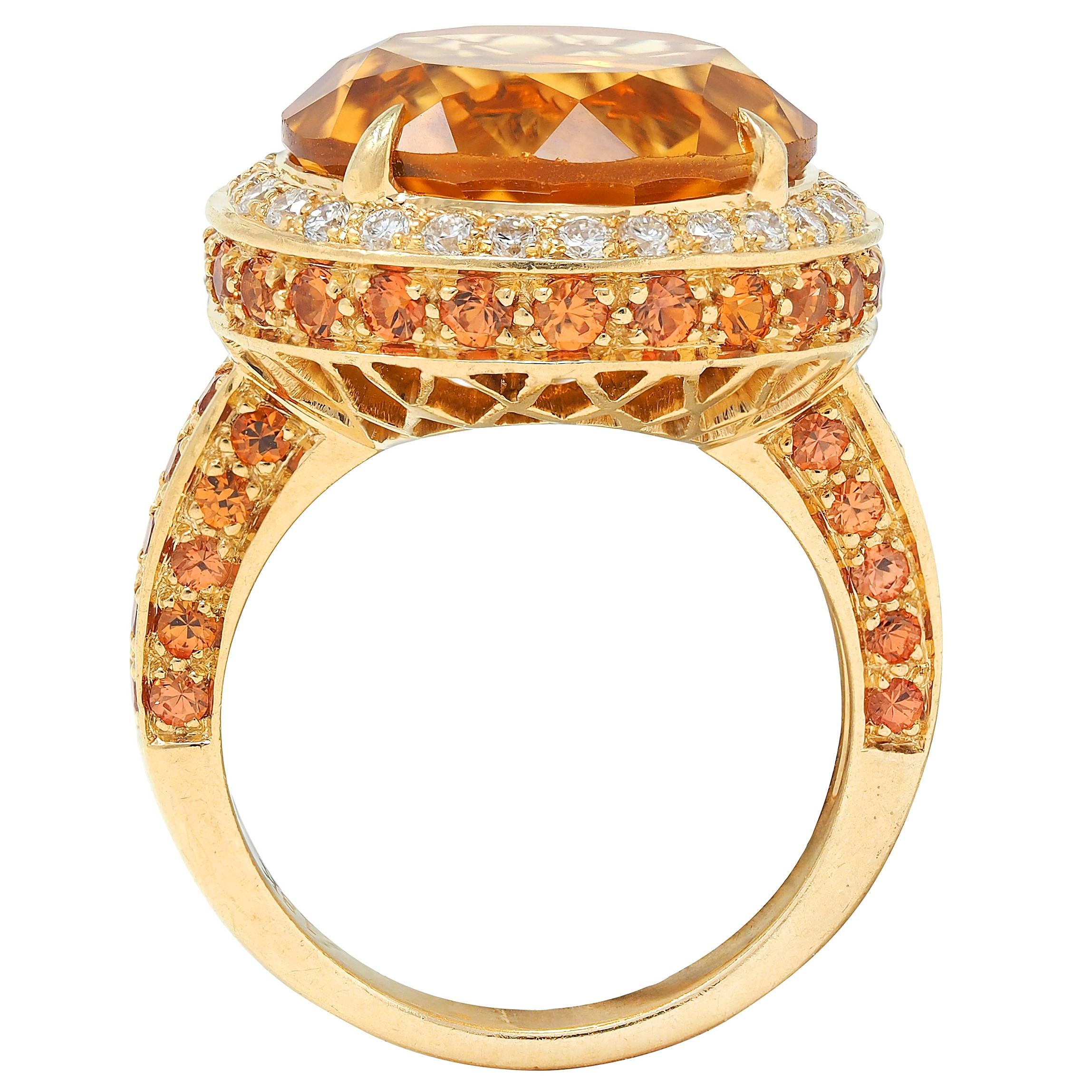 Contemporary Citrine Diamond Sapphire 18 Karat Yellow Gold Cocktail Ring