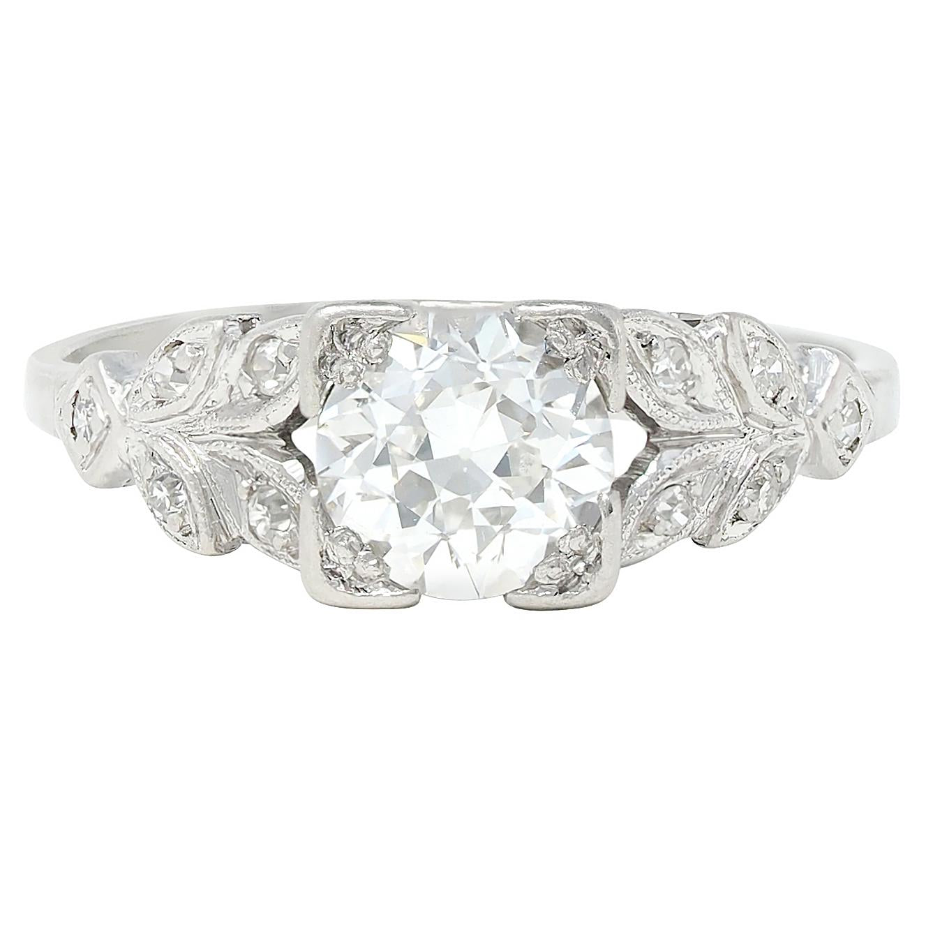 Art Deco 1.05 CTW Old European Diamond Platinum Vintage Foliate Engagement Ring