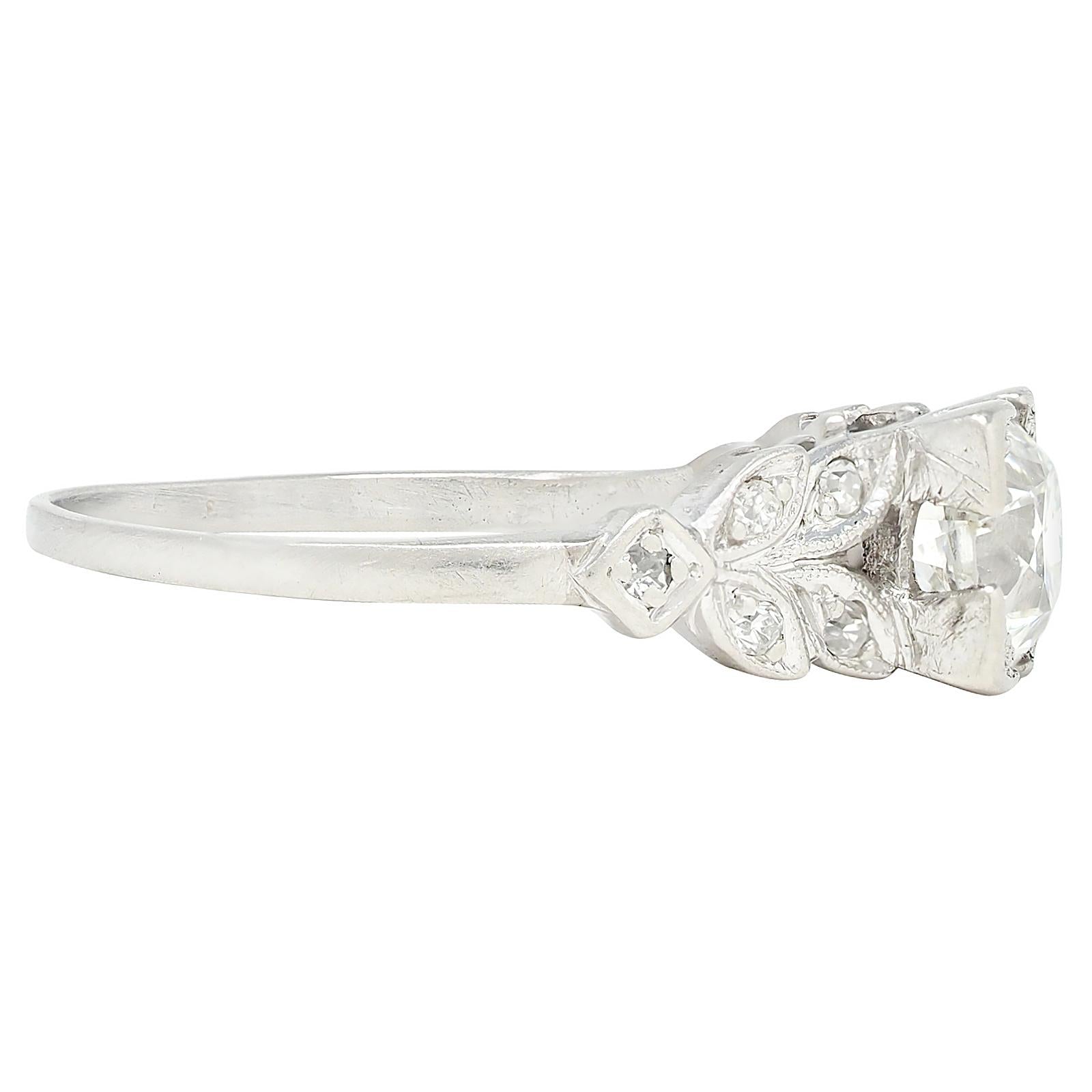 Art Deco 1.05 CTW Old European Diamond Platinum Vintage Foliate Engagement Ring